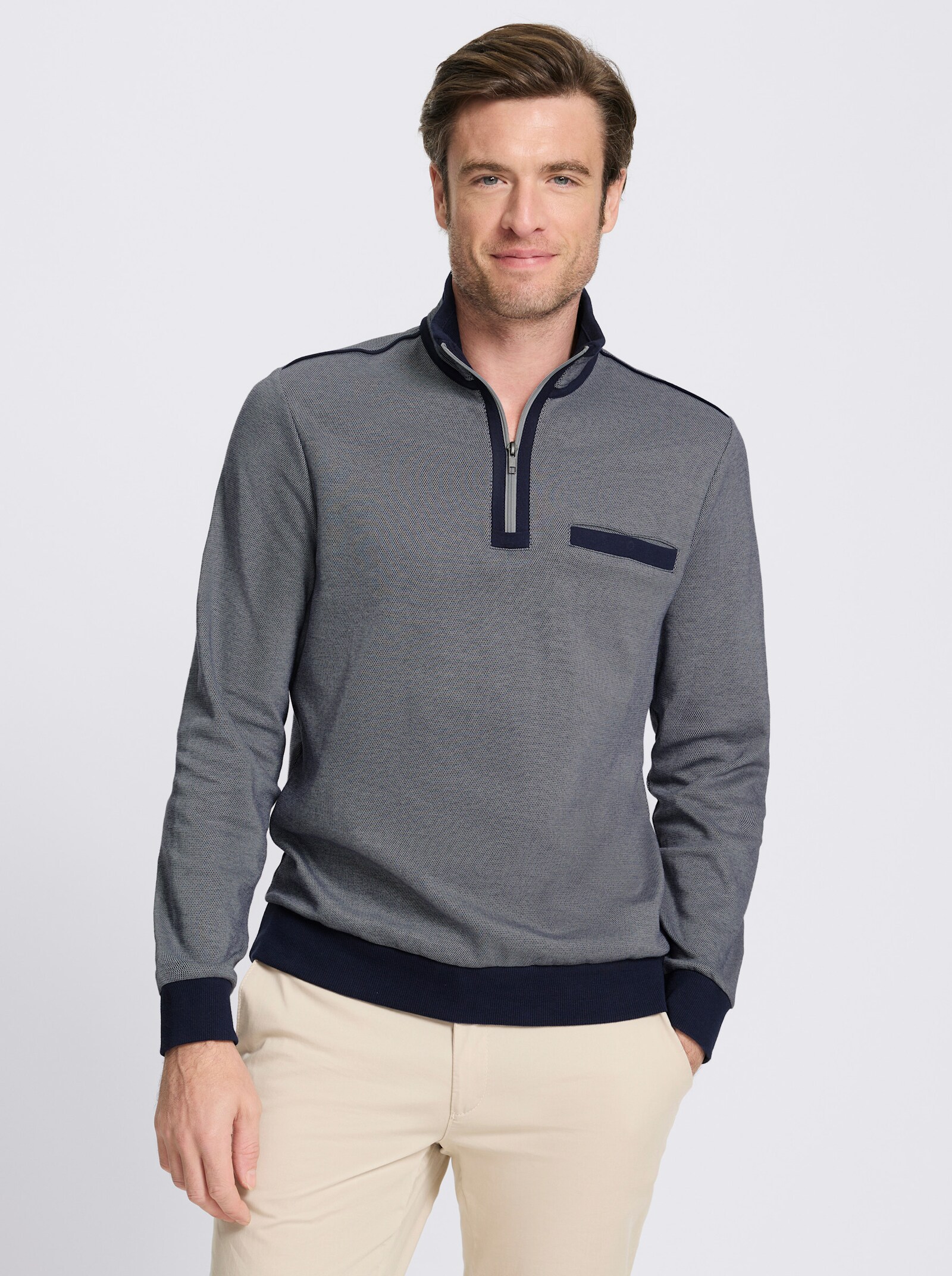 Marco Donati Langarmshirt in Struktur-Qualität - marine-steingrau-meliert