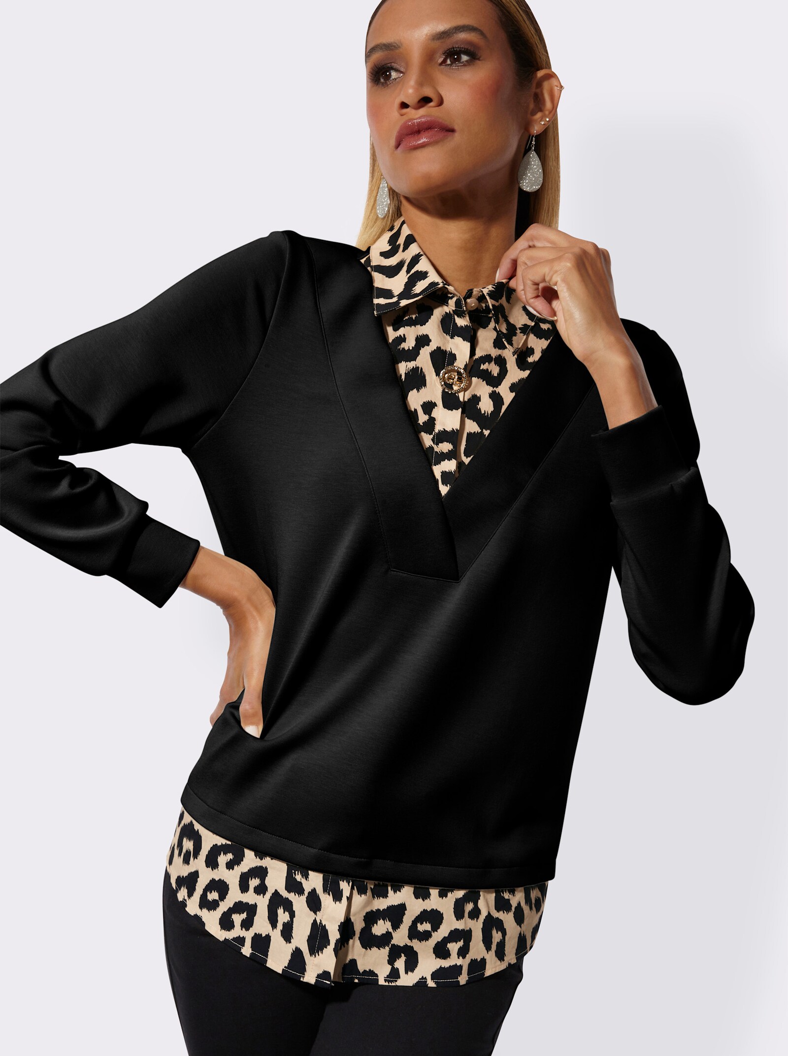 Sweatshirt mit Leo-Einsatz - schwarz-sand