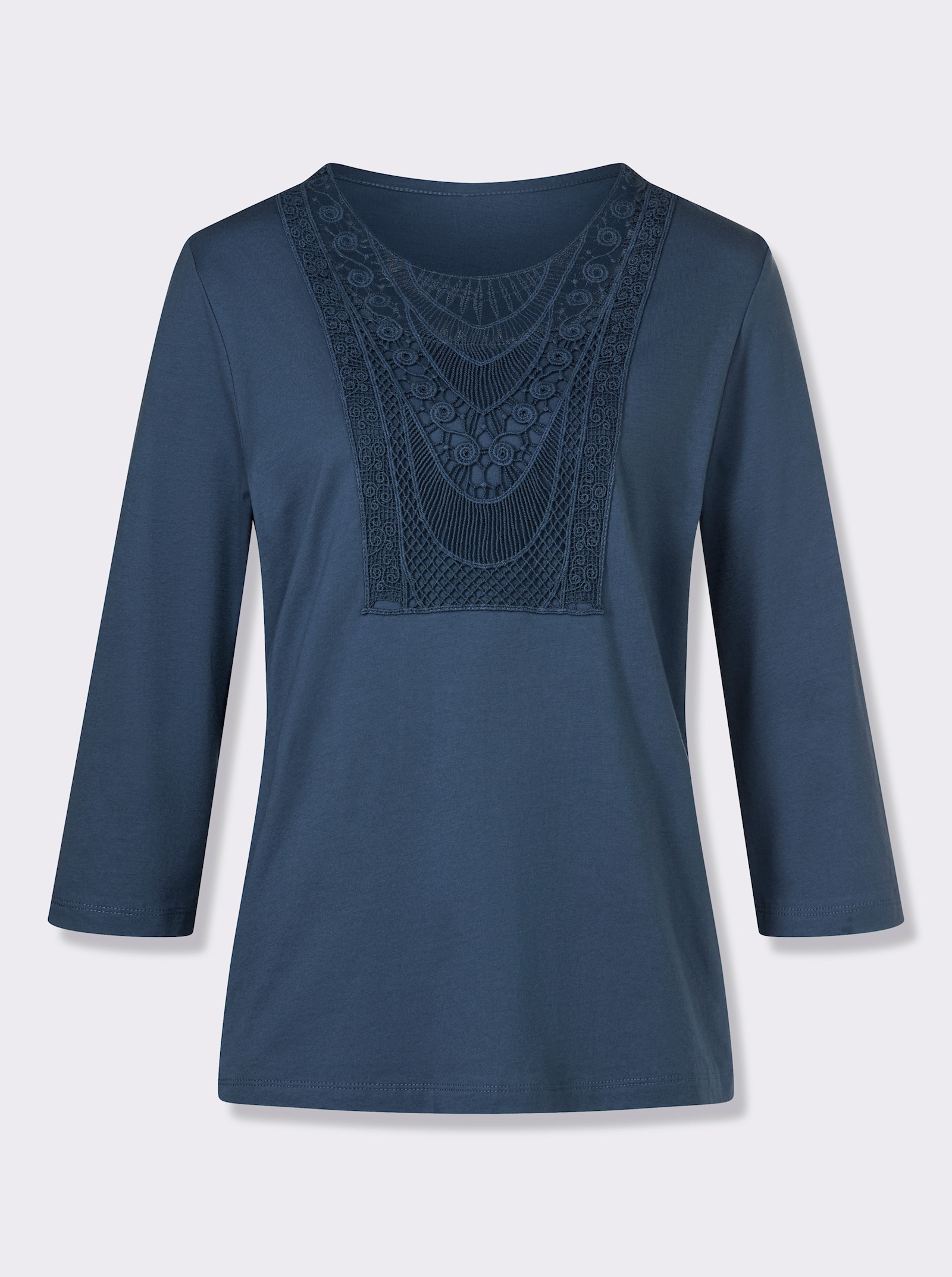 Shirt met 3/4-mouwen en kant bij de hals - rookblauw