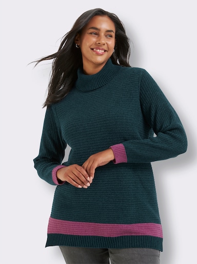 sheego Rollkragenpullover aus Chenille, mit Kontrastdetails - petrol-erika