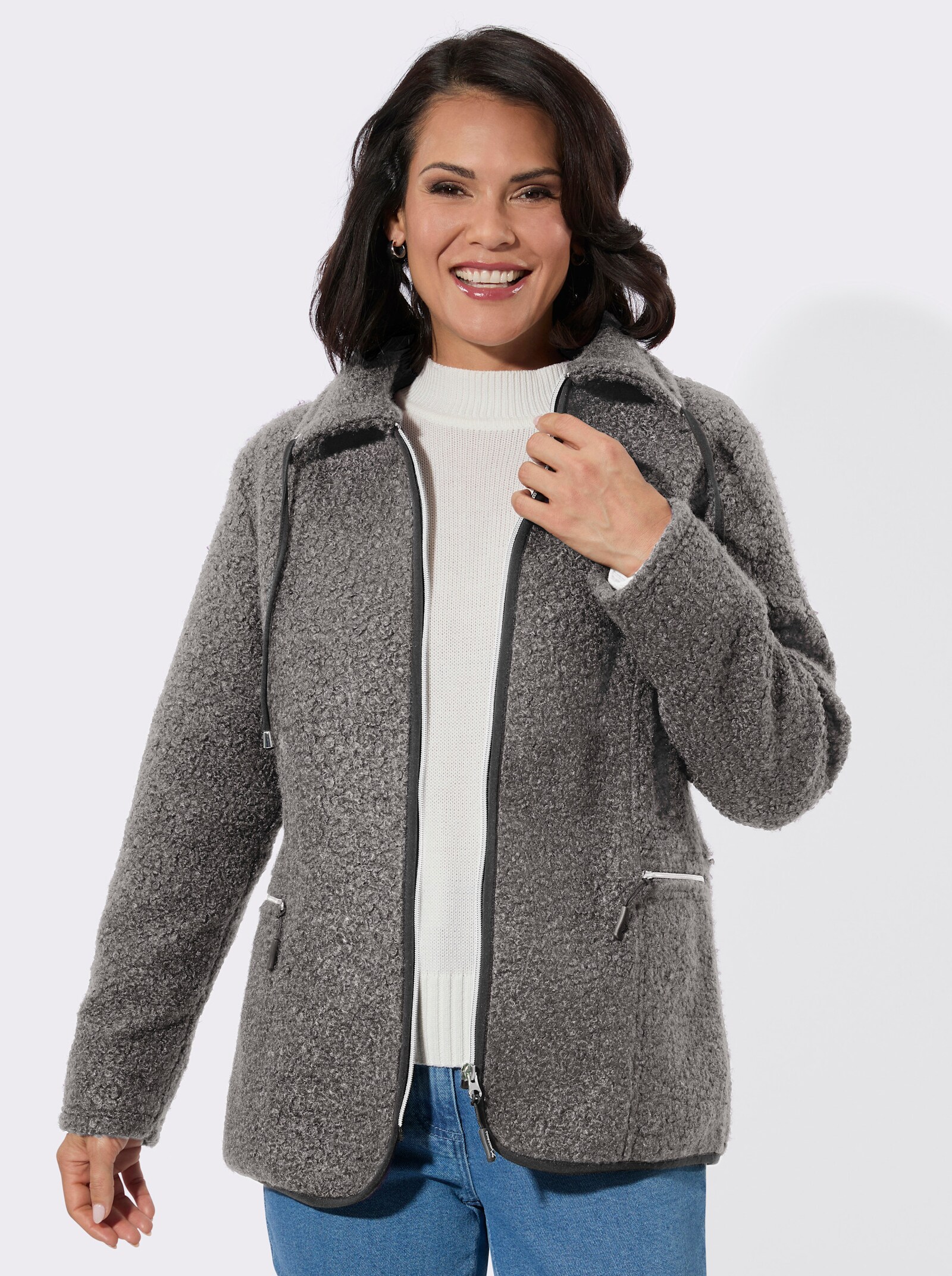 Boucléjacke mit kontrastfarbigen Details - grau