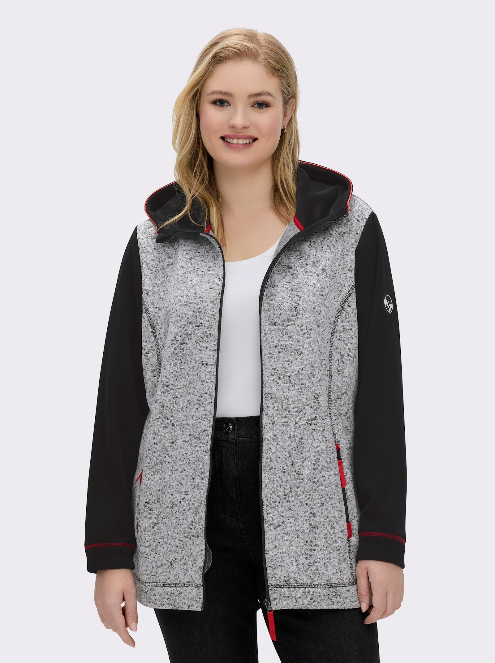 sheego Kapuzenfleecejacke mit Kontrastdetails - schwarz-ecru-meliert
