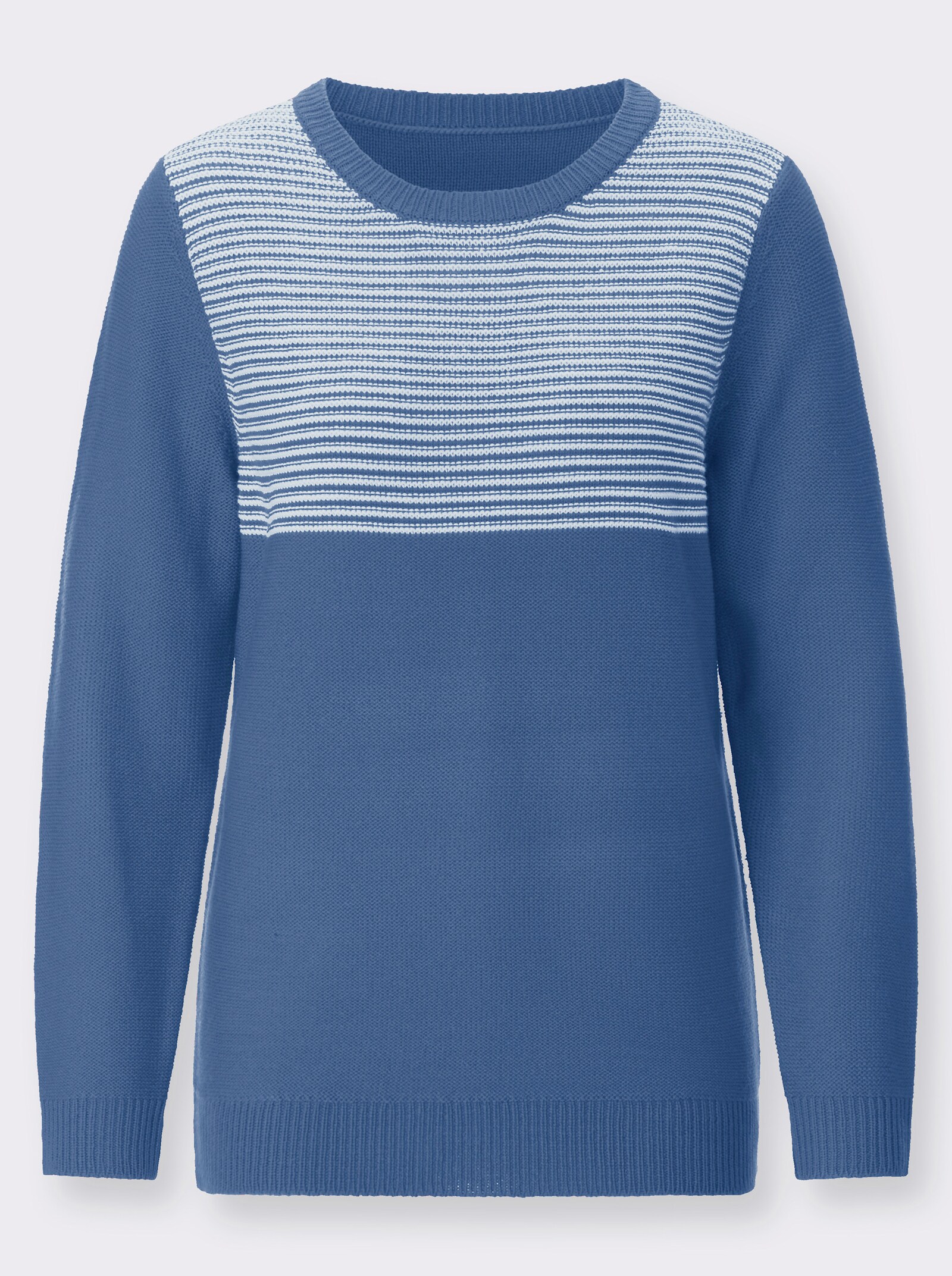 Langarm-Pullover mit Ringelmuster - mittelblau-ecru