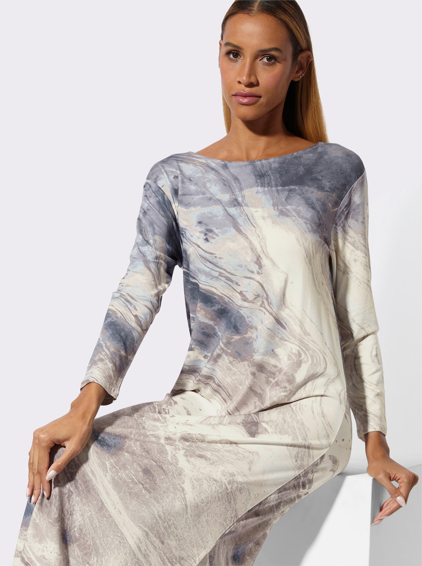 wäschepur Nachthemd mit Seitenschlitzen - champagner-rauchblau-bedruckt