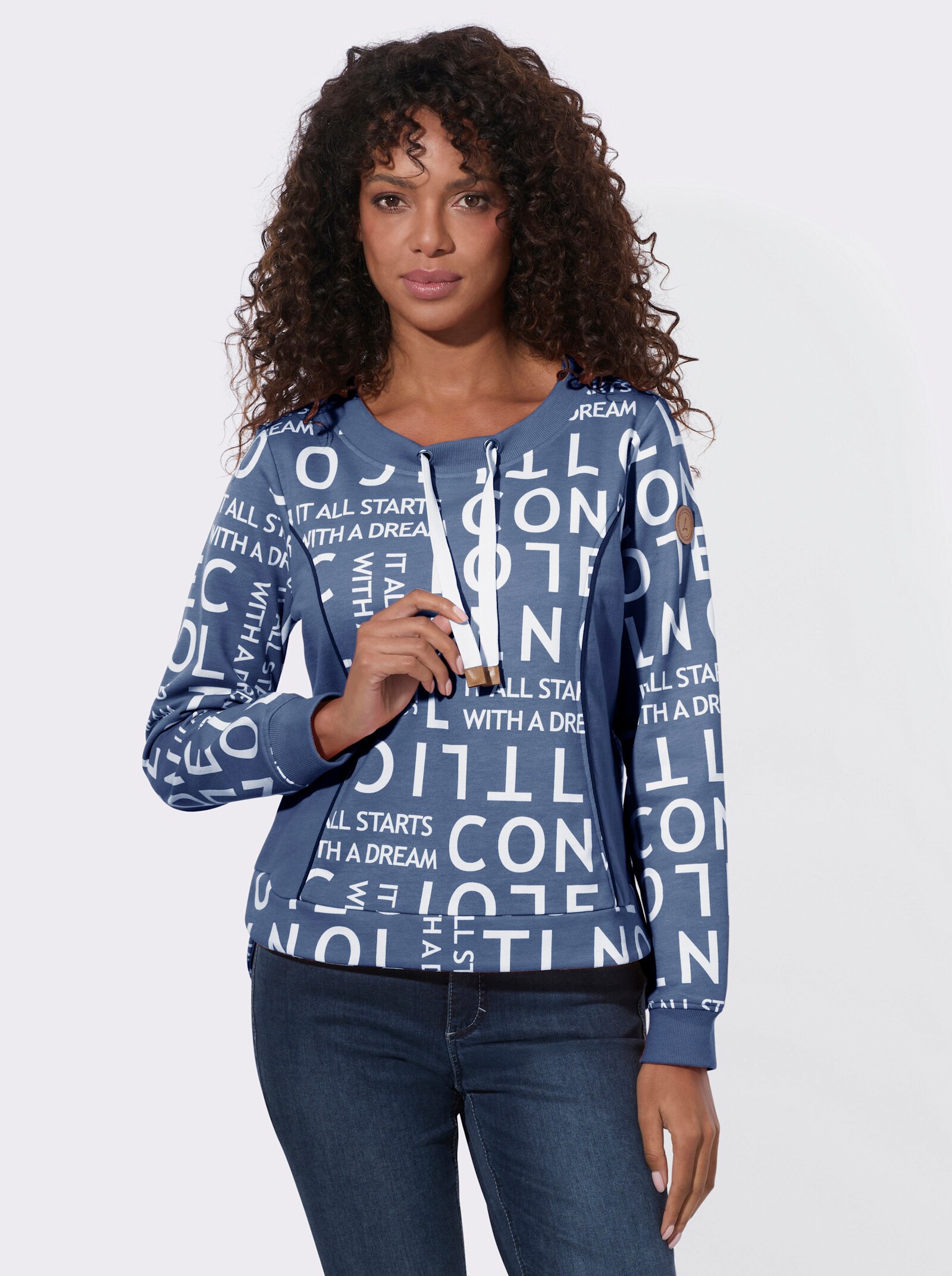 Sweatshirt mit angerautem Innenteil - jeansblau-weiß-bedruckt