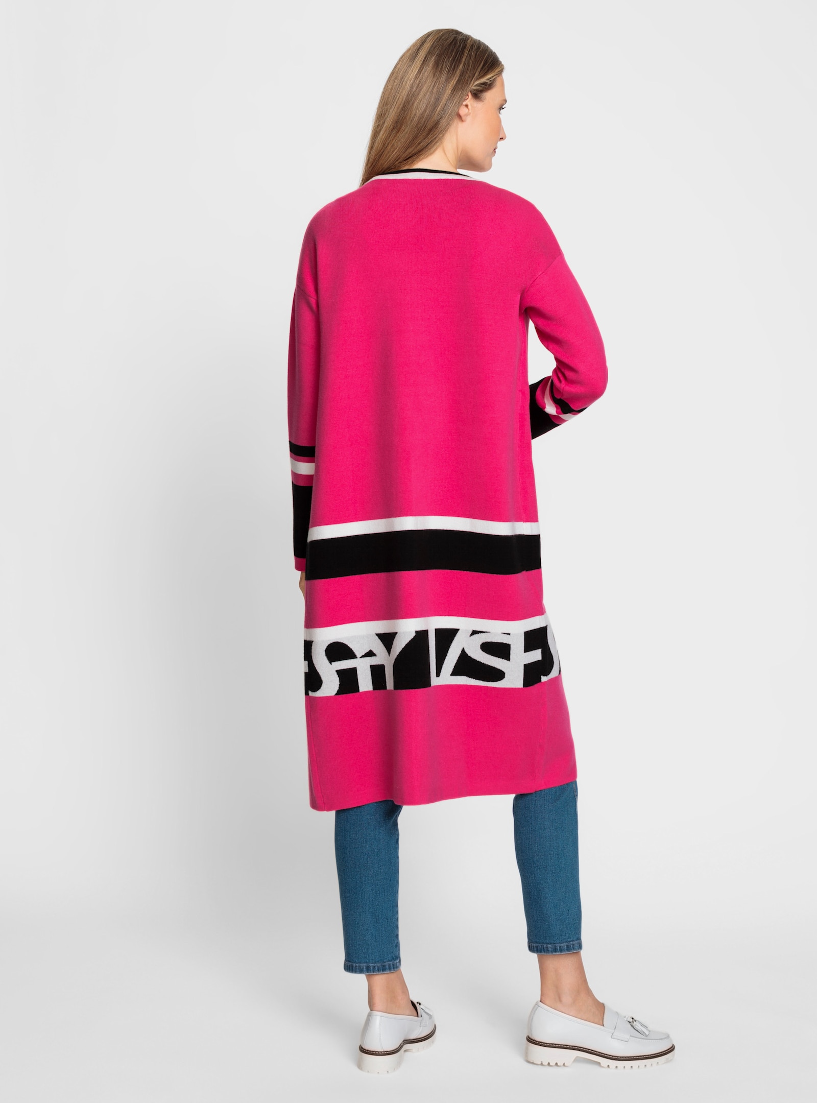 heine Strickmantel mit Streifen und Schriftzug - pink-schwarz-gemustert