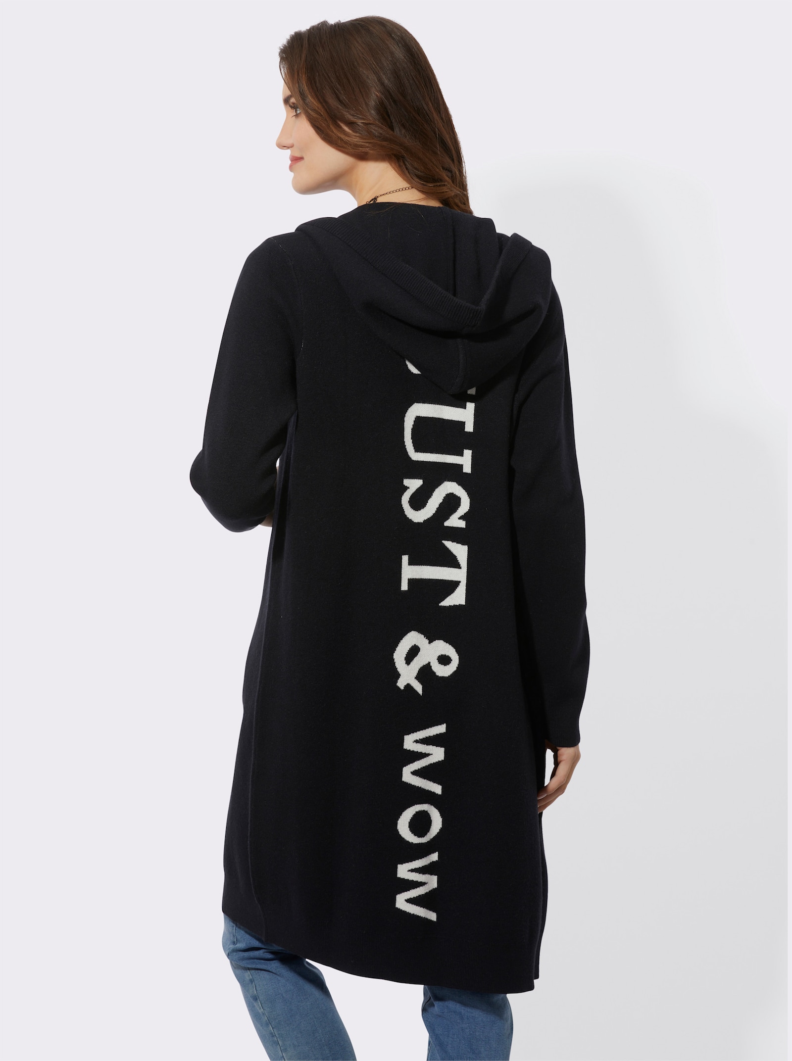 Longstrickjacke mit Kapuze - schwarz-ecru
