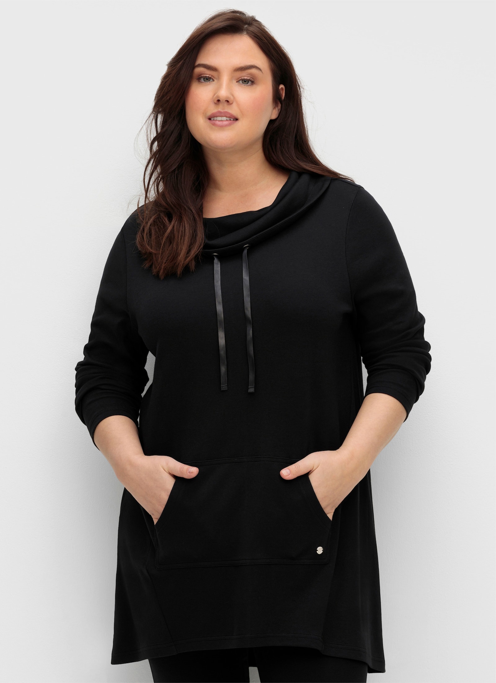 sheego Kapuzensweatshirt mit Satinbändern - schwarz