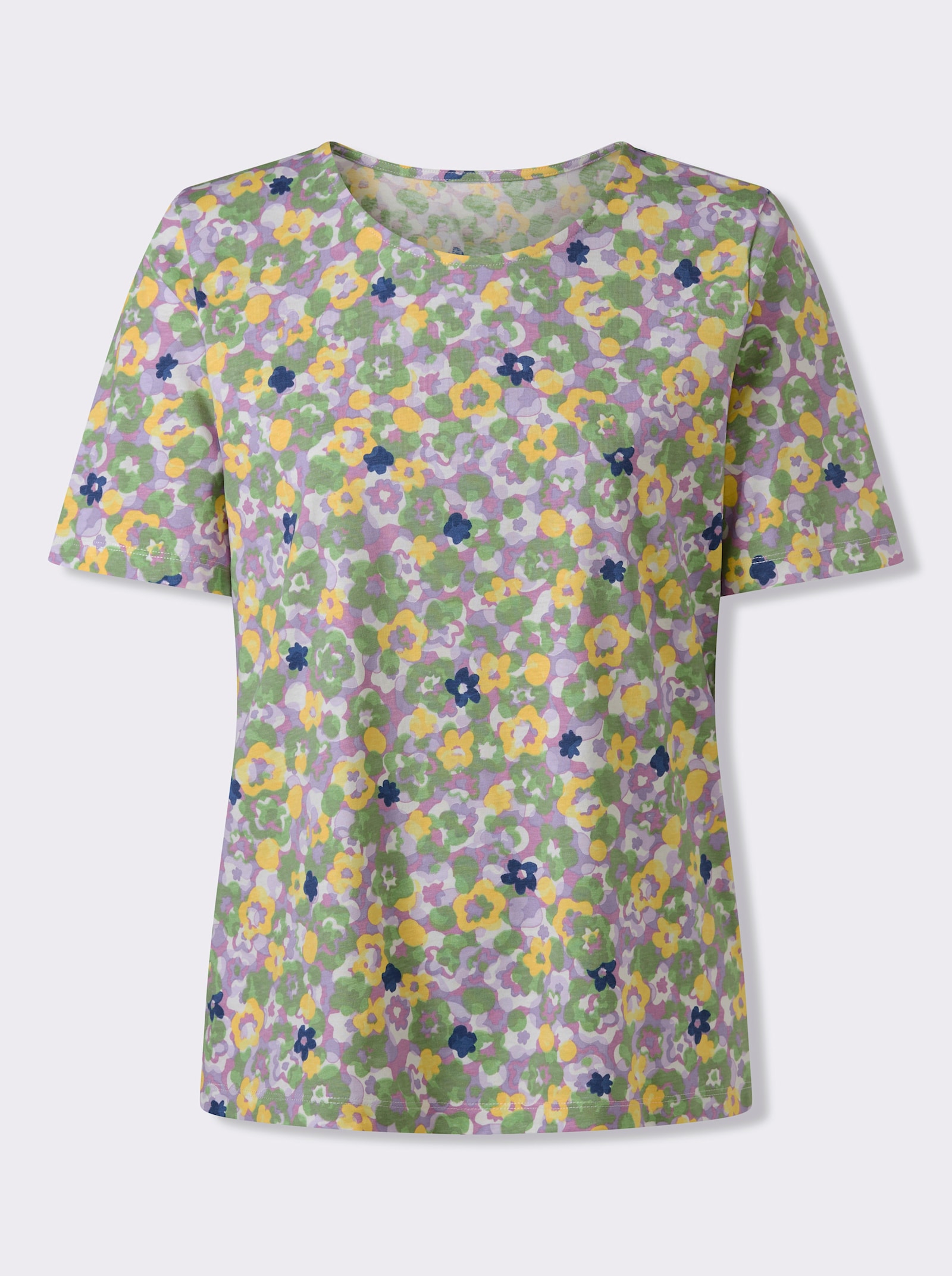 Kurzarmshirt im Millefleurs-Dessin - orchidee-reseda-bedruckt
