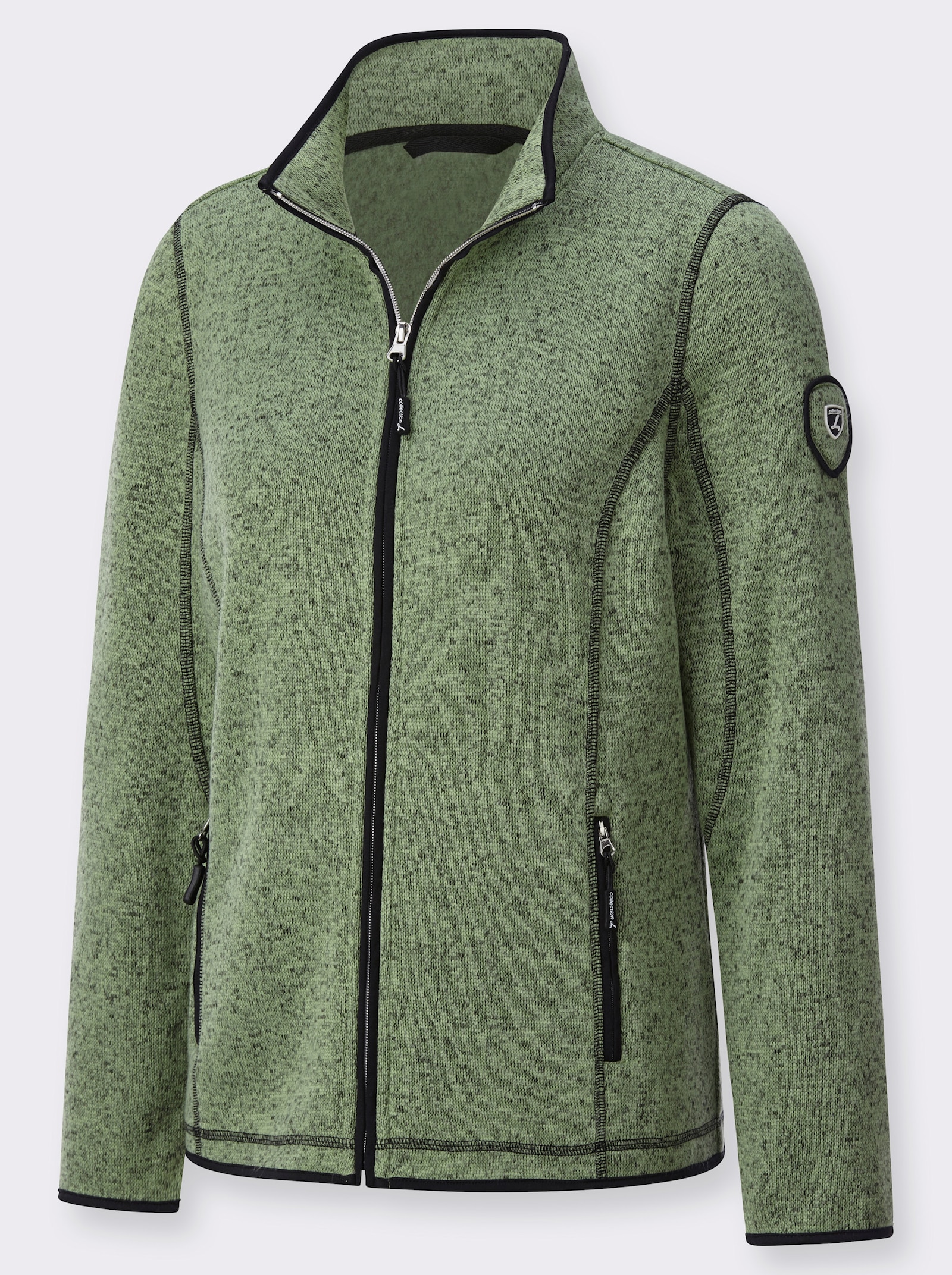 Strickfleecejacke in Melange-Optik - eucalyptus-schwarz-gemustert