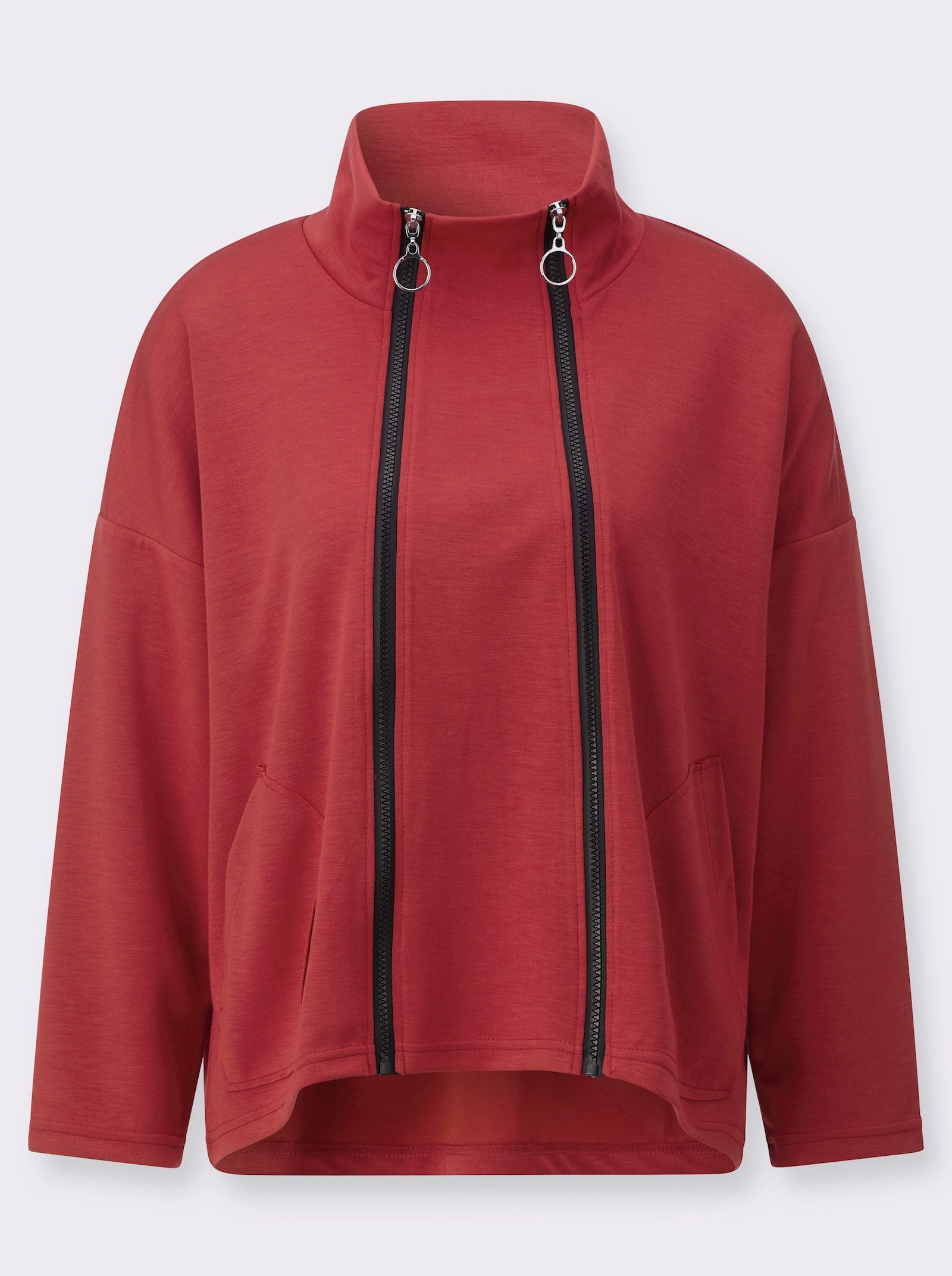 Sweatjacke mit 2 Kontrast-Reißverschlüssen - kirsche
