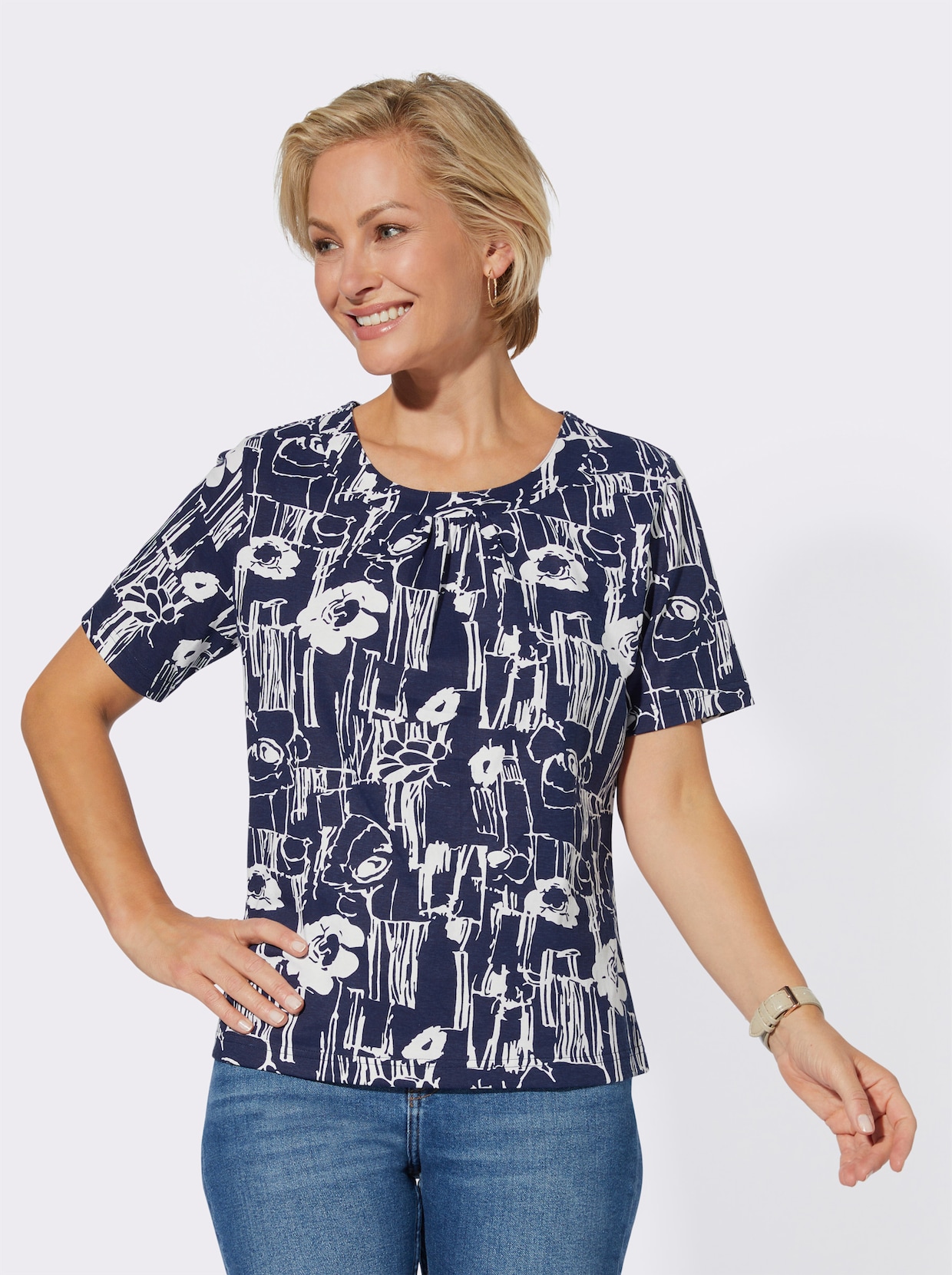 Shirtset - marine + marine/wit bedrukt