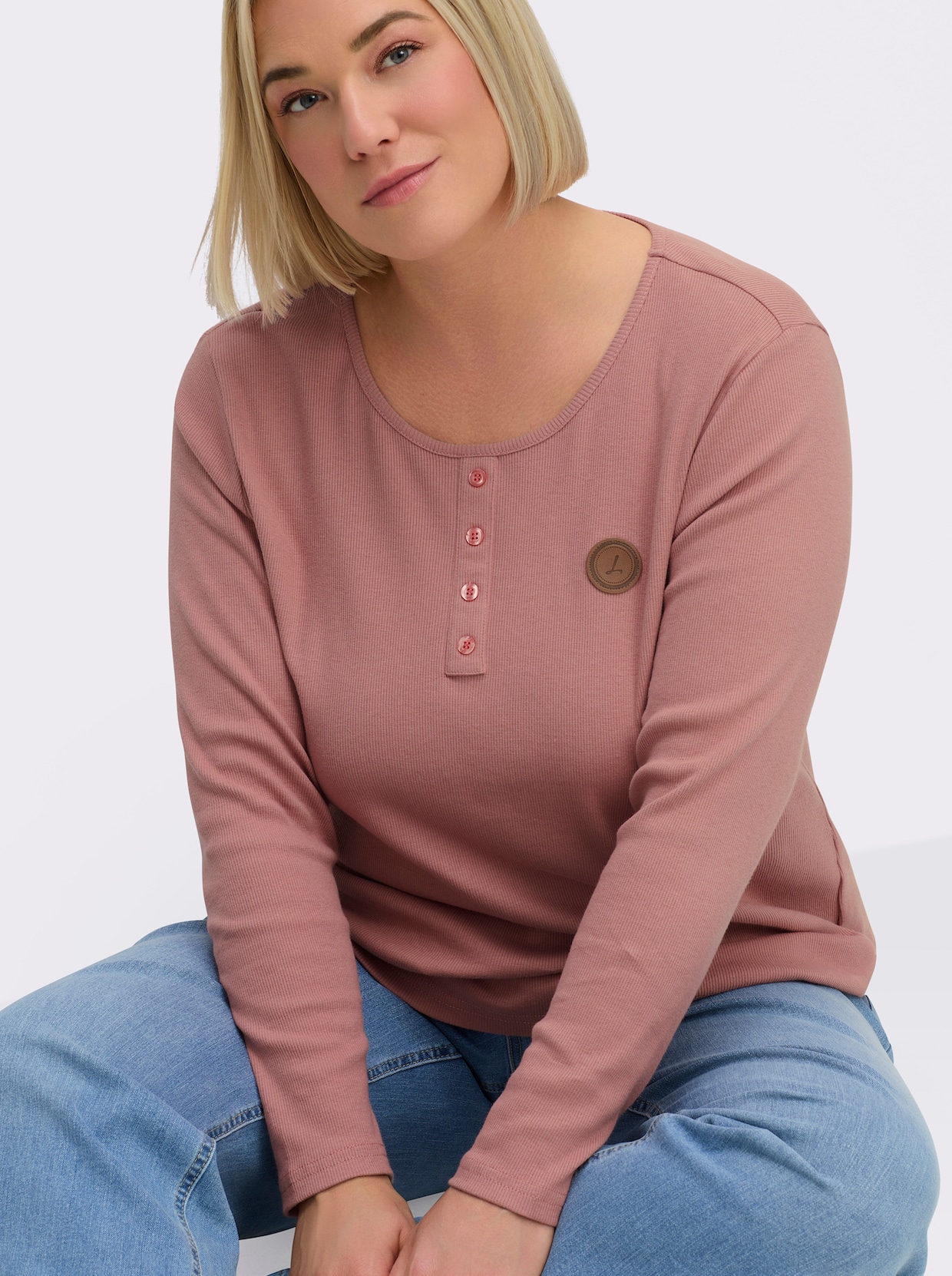 Langarmshirt mit Zierknopfleiste - rosenholz