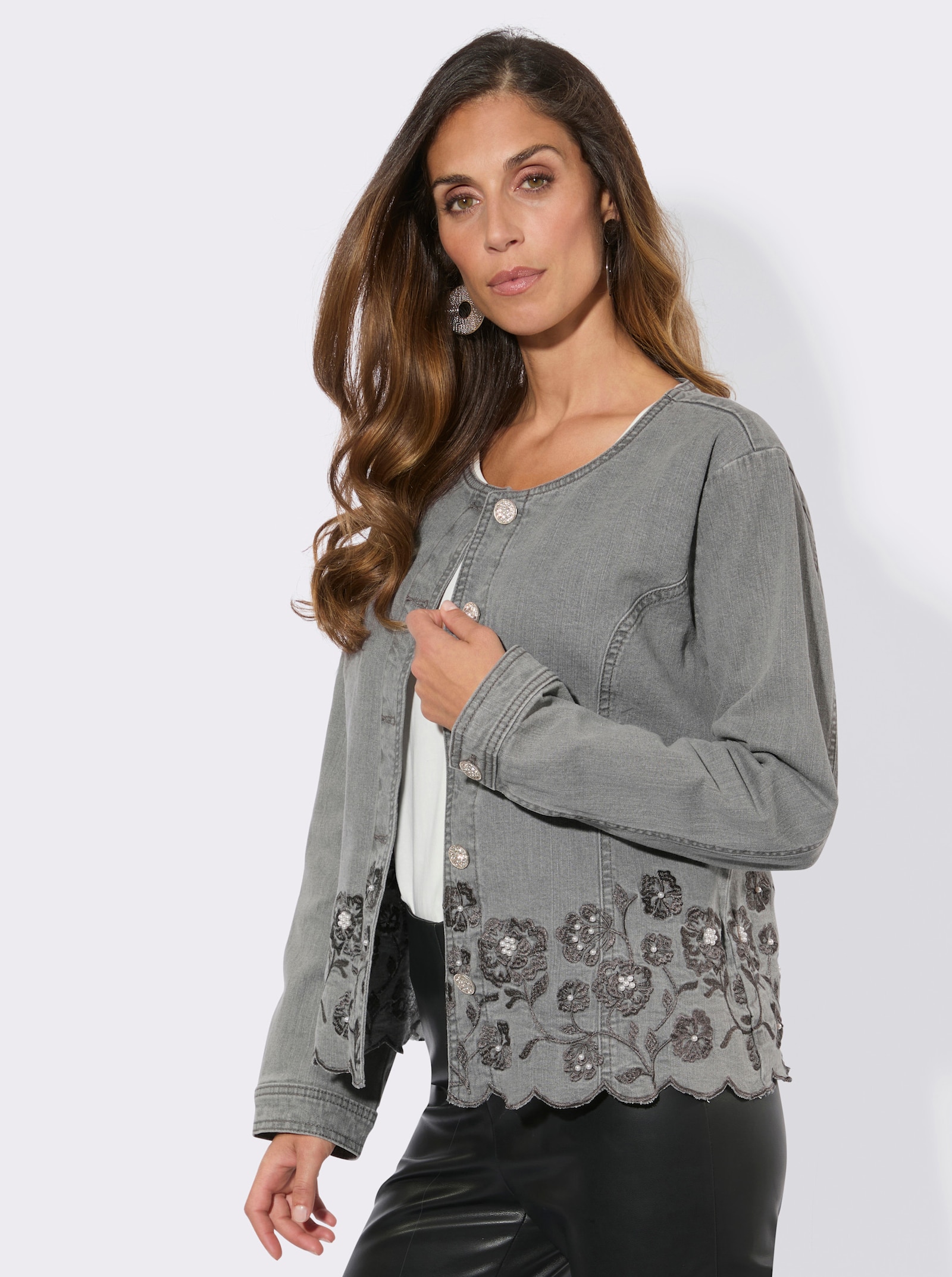 Jeansblazer mit Blütenstickerei - grey-denim