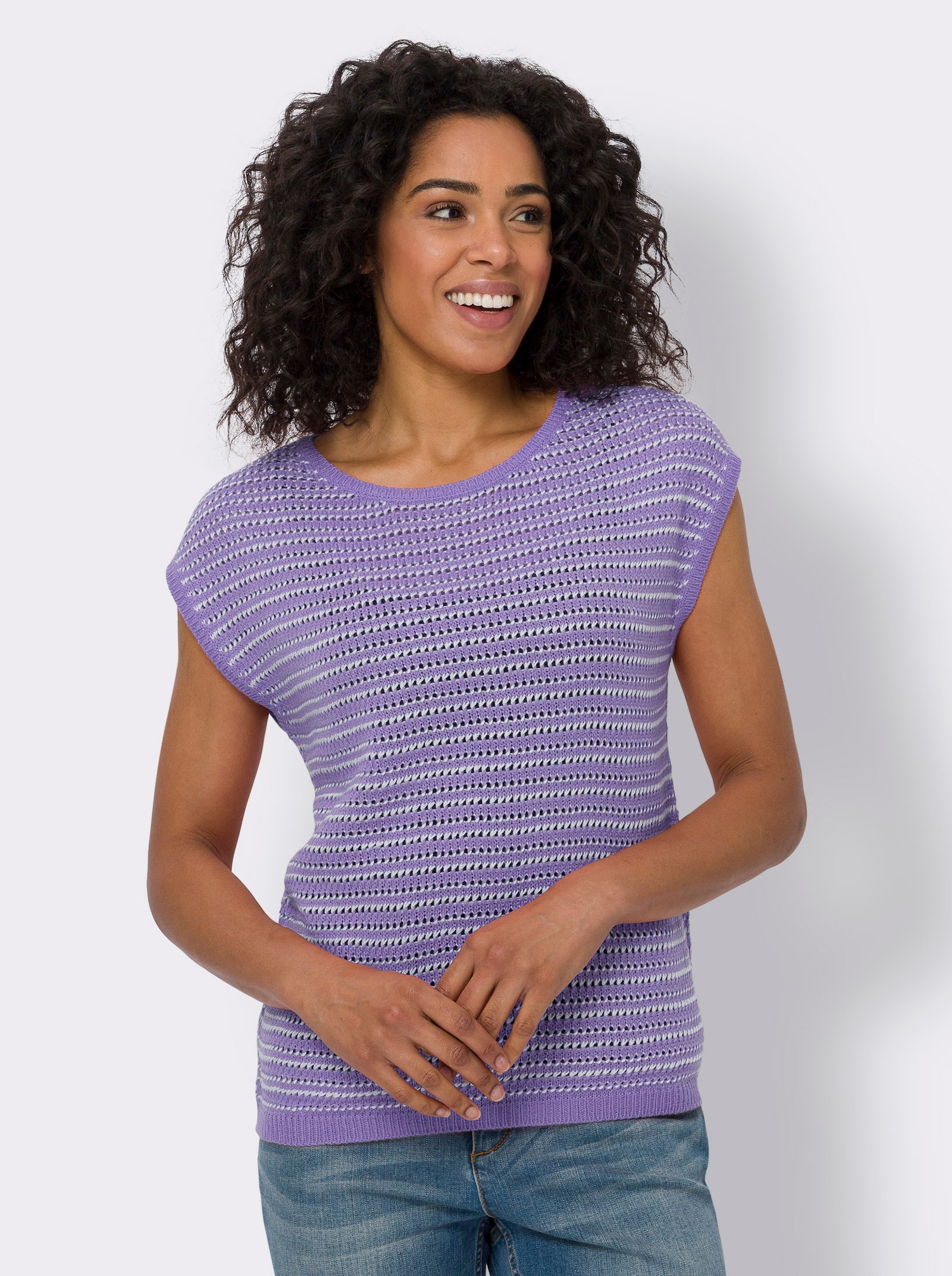 Ajourpullover in pflegeleichter Qualität - lavendel-weiß-gemustert