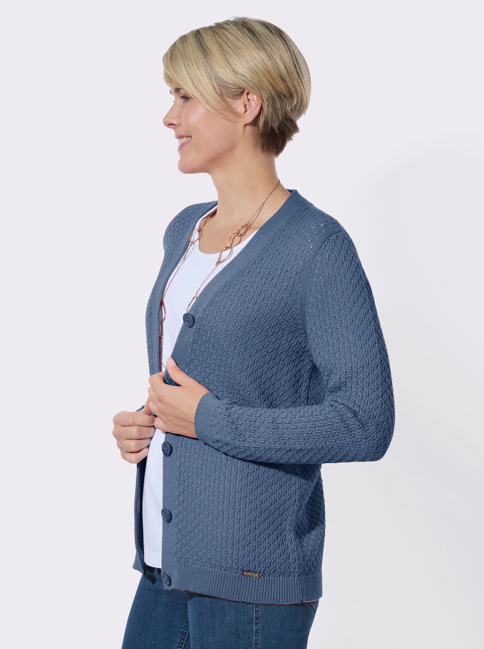 Strickjacke mit Rautenmuster - jeansblau