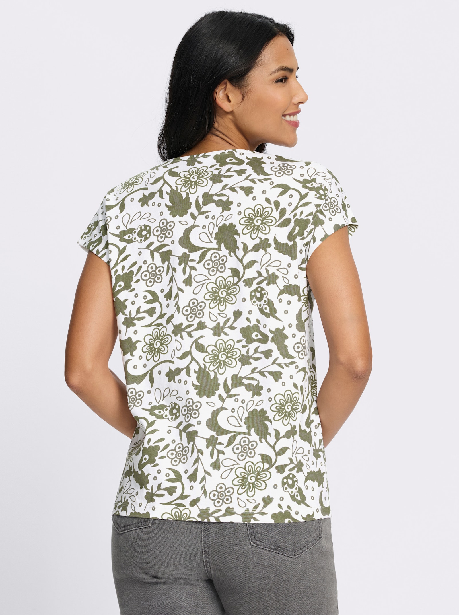 Kurzarmshirt im Paisley-Blüten-Mix - khaki-schilf-bedruckt