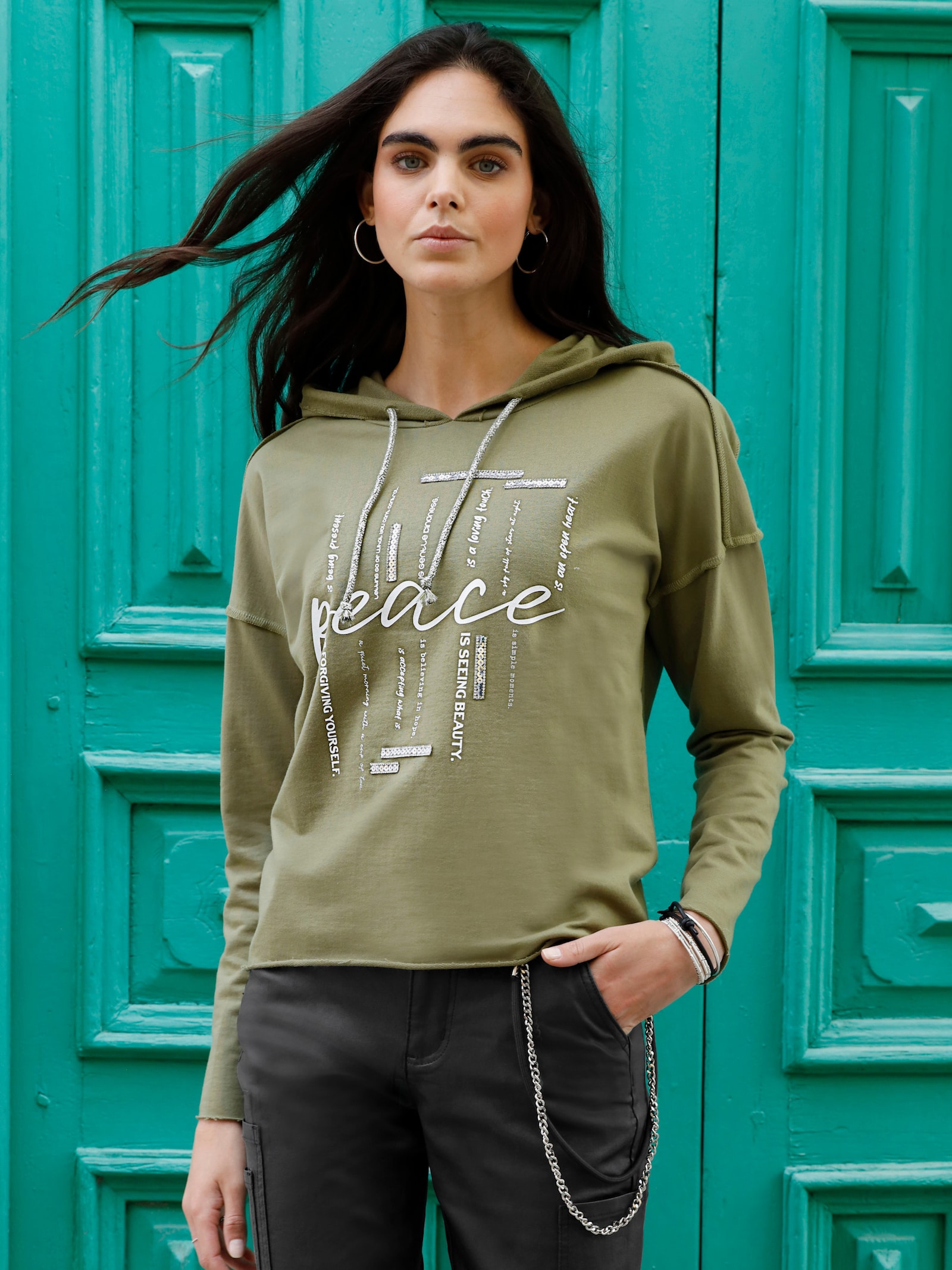 heine Sweatshirt mit Glanzprint vorn - khaki