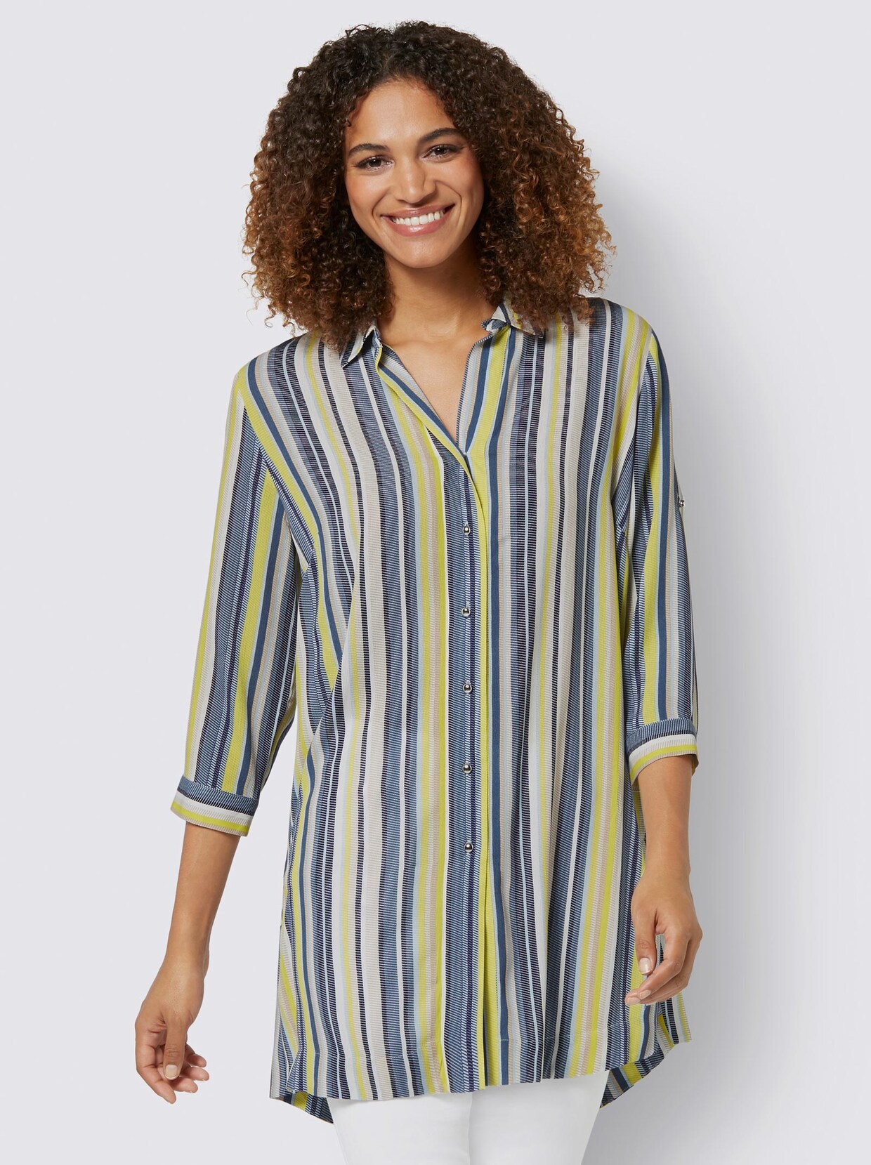 Longbluse - nachtblau-limone-gestreift
