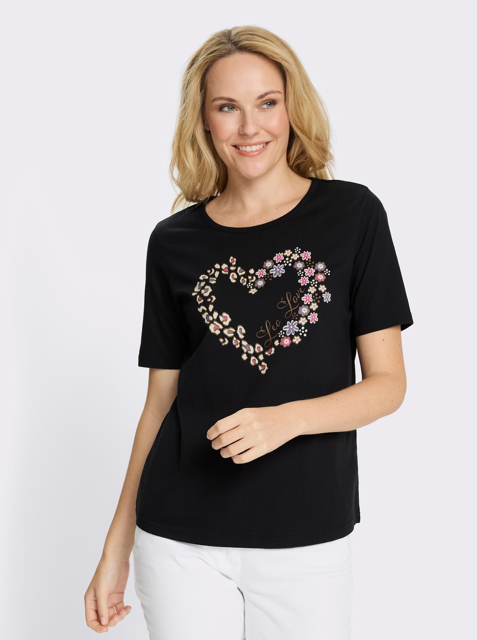 Rundhalsshirt mit Herzprint - schwarz-braun-bedruckt