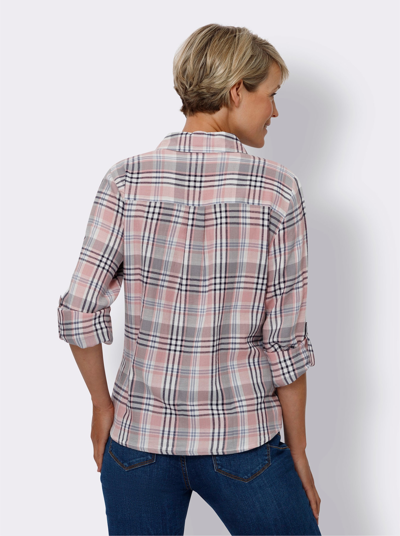 Kostkovaná halenka z měkkého flanelu - růženínová-ecru-kostka