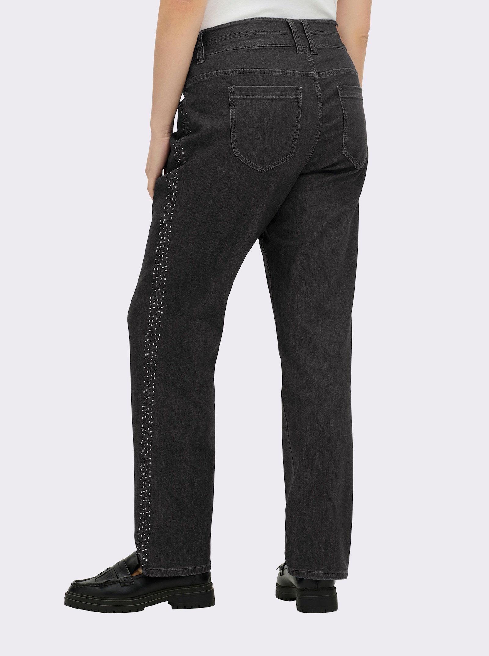 sheego Gerade Jeans mit Glitzersteinchen seitlich - black denim