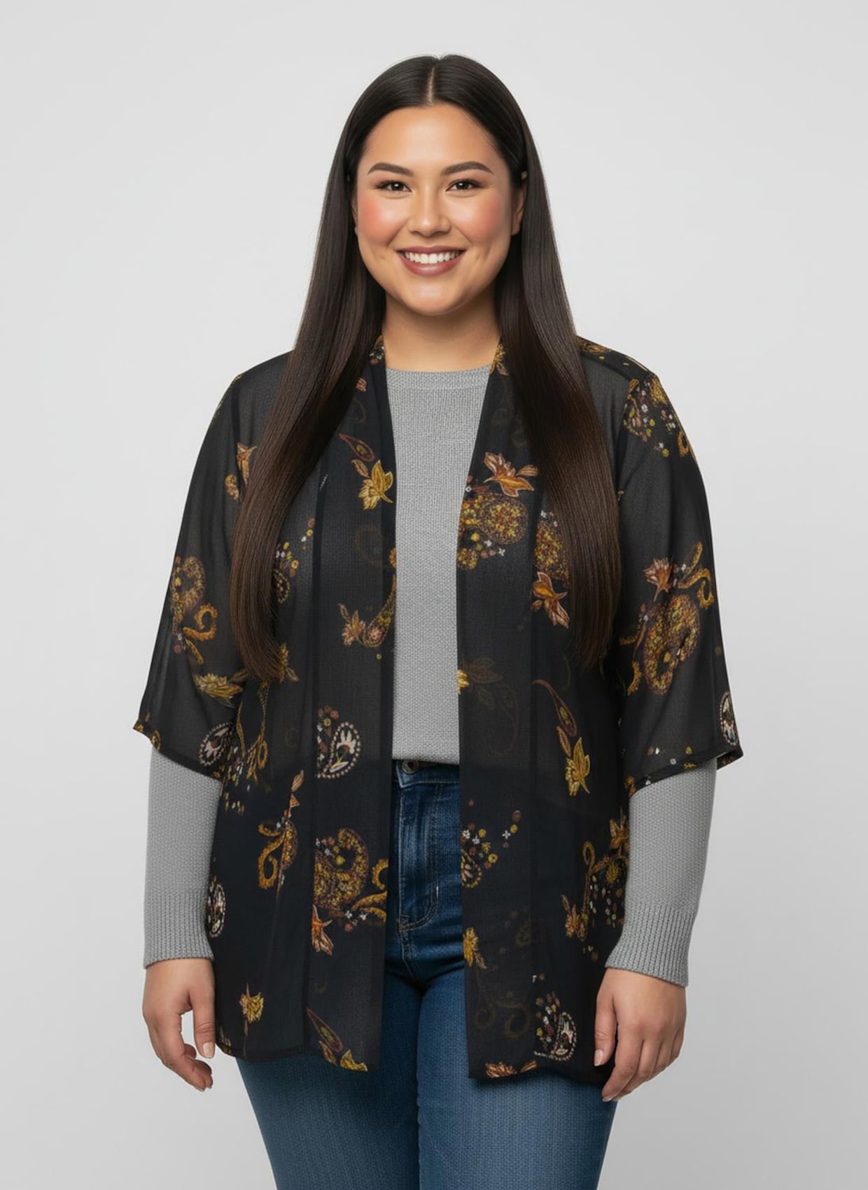 Longbluse in offener Form - schwarz-ocker-bedruckt