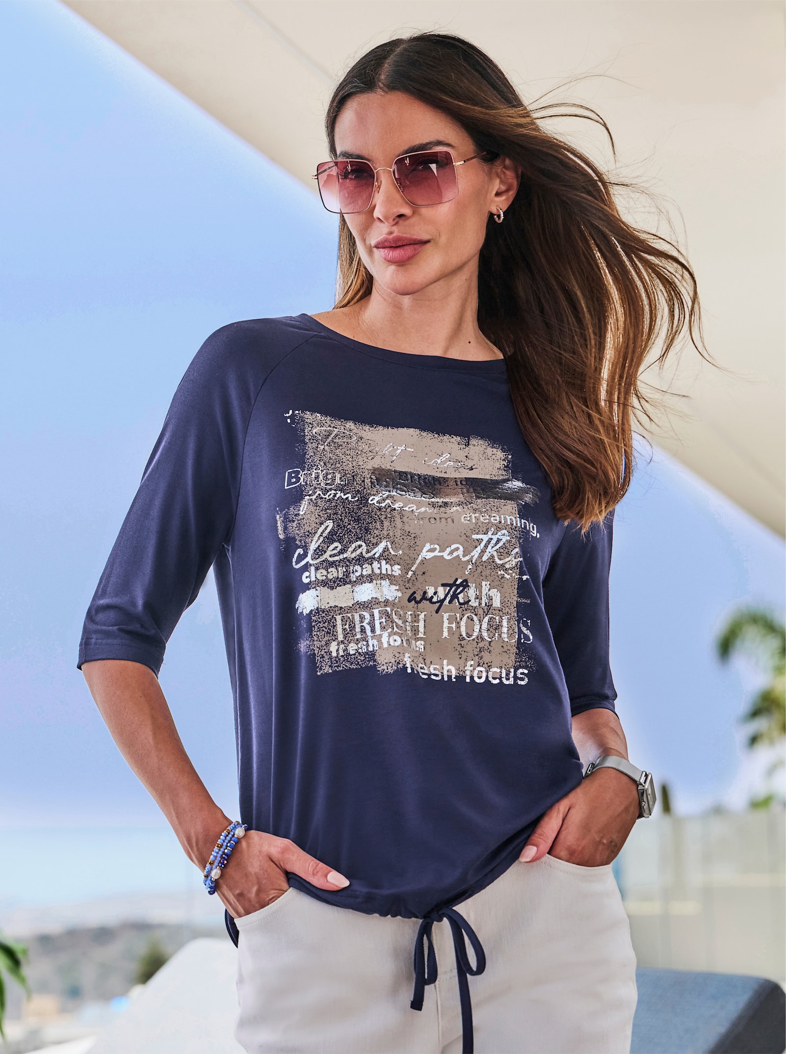 heine Kurzarmshirt mit Tunnelzug und Bindeband - marine