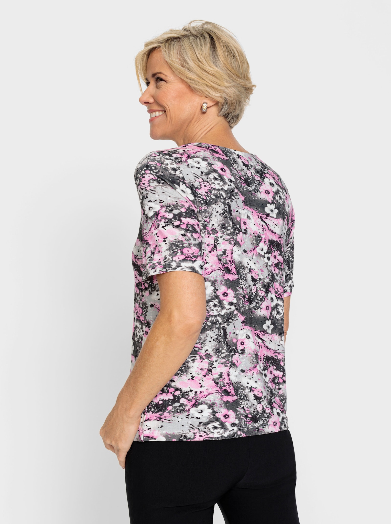 Rundhalsshirt in Viskose-Qualität, bedruckt - grau-rosé-bedruckt