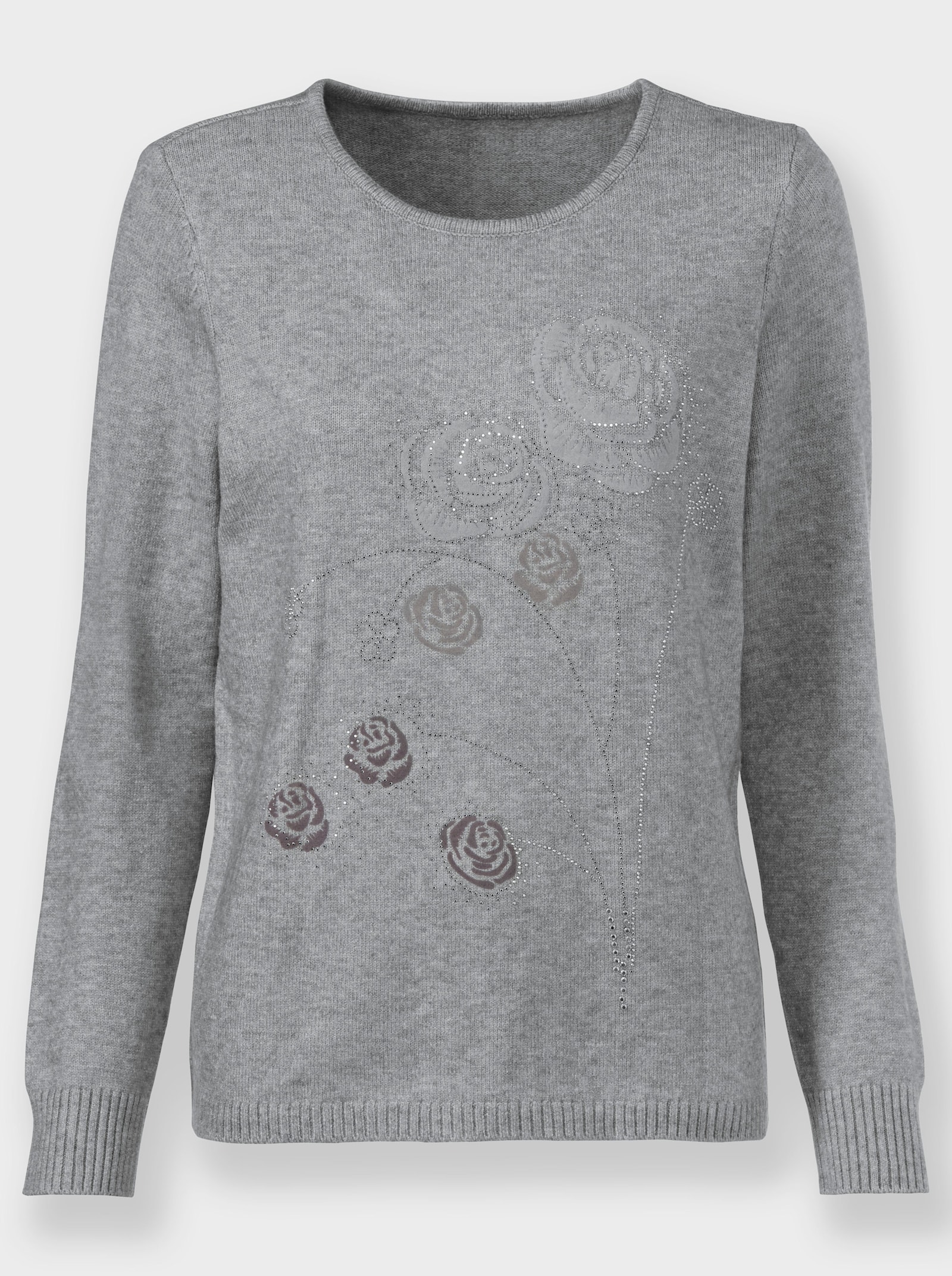 Rundhalspullover mit Flockprint - steingrau-meliert