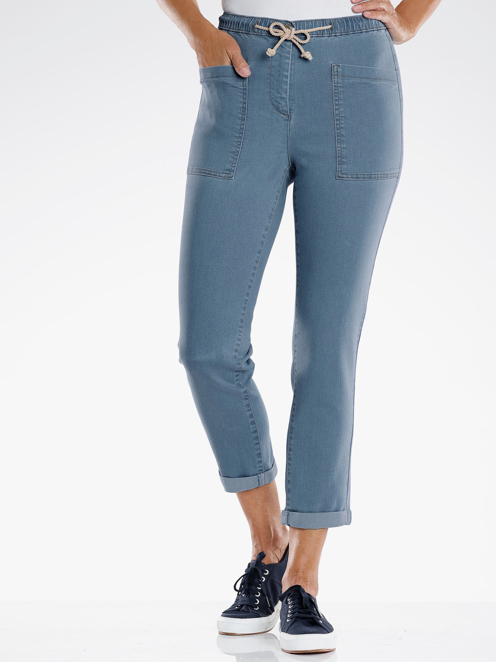 7/8-džínsy, elastický pás a šnúrka - bielená modrá