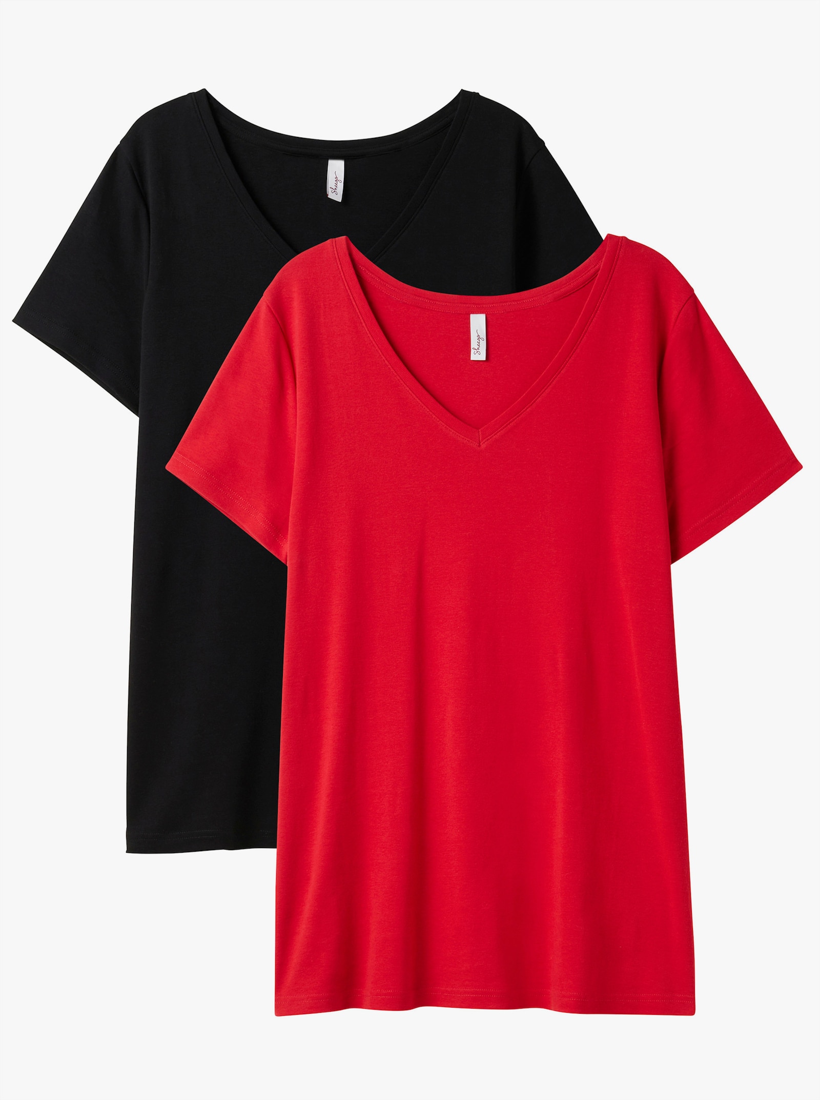 sheego T-shirt met V-hals, in set van 2 - zwart + klaproosrood