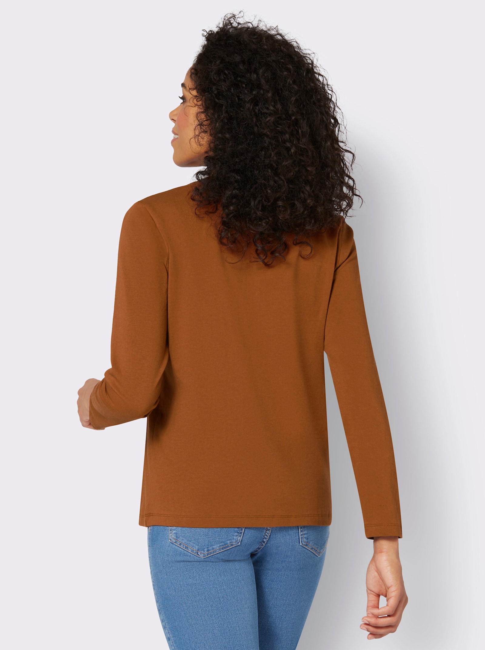 Langarmshirt mit Leder-Imitat-Patch - cognac