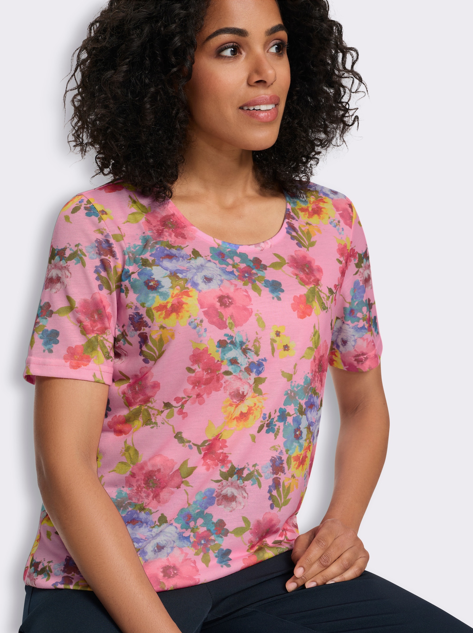 Shirt met ronde hals en bloemetjesprint rondom - oudroze/fuchsia bedrukt