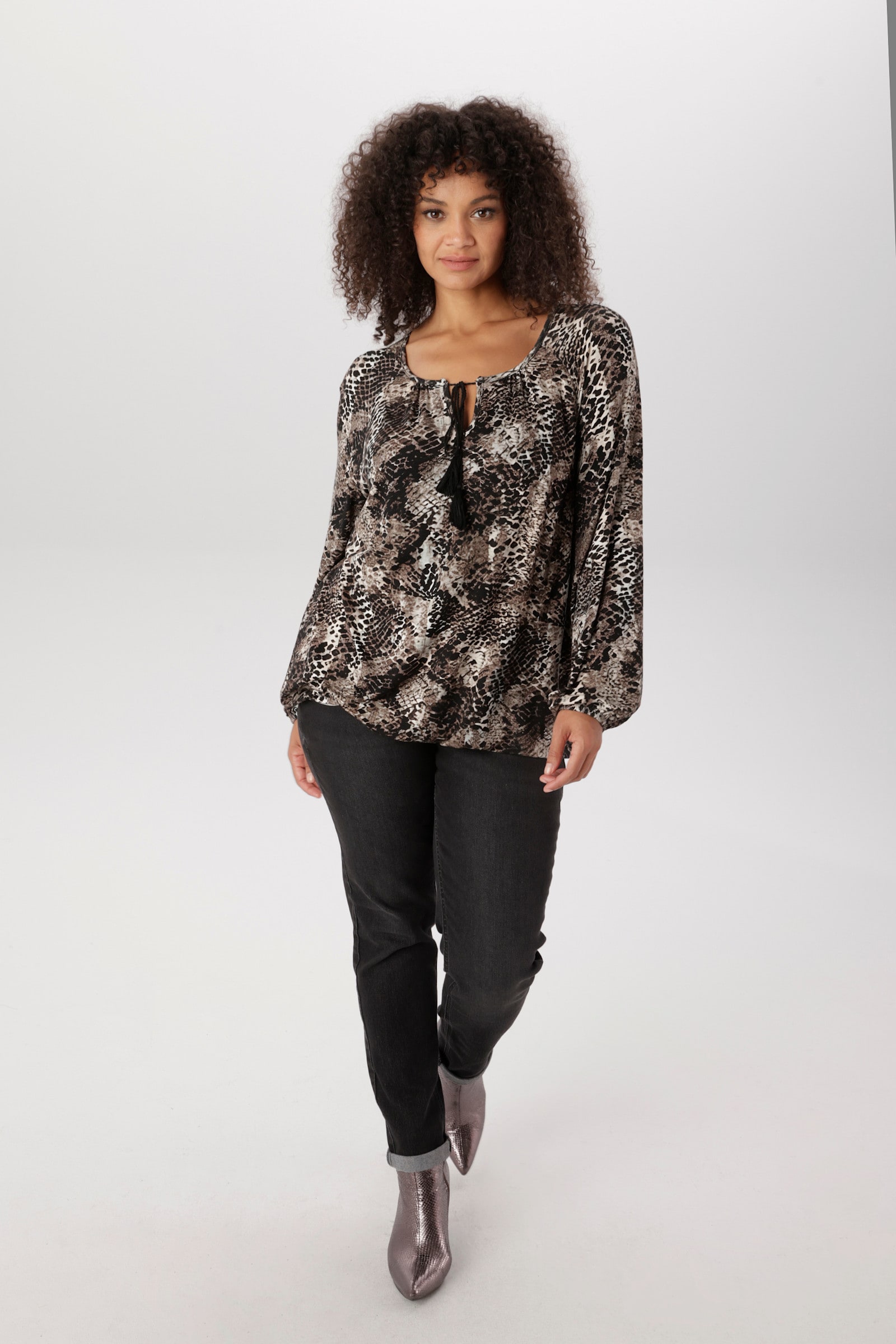 Aniston PLUS Langarmshirt - schwarz-weiß-beige-natur