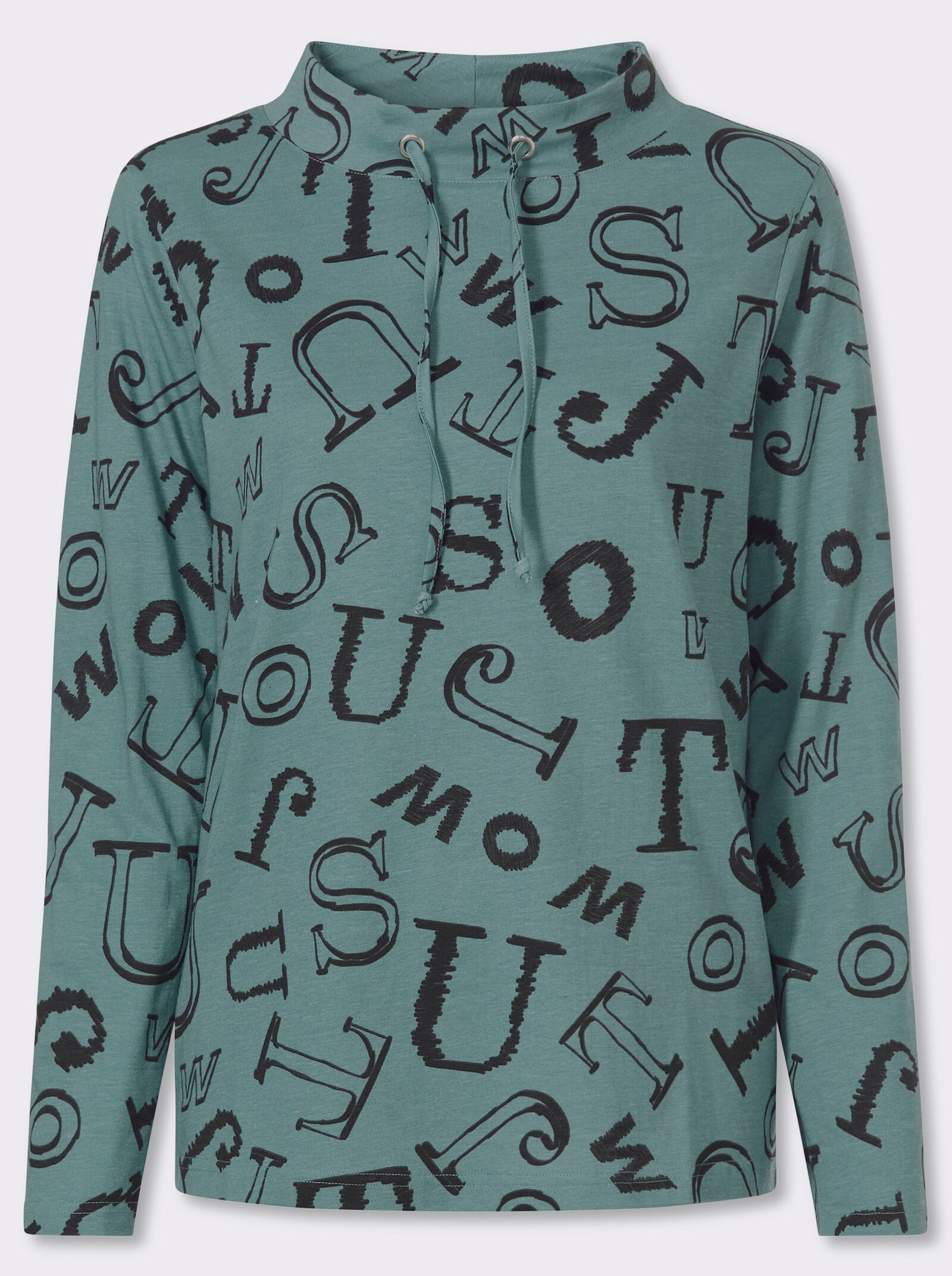 Stehkragenshirt mit Lettering-Print - jade-schwarz-bedruckt