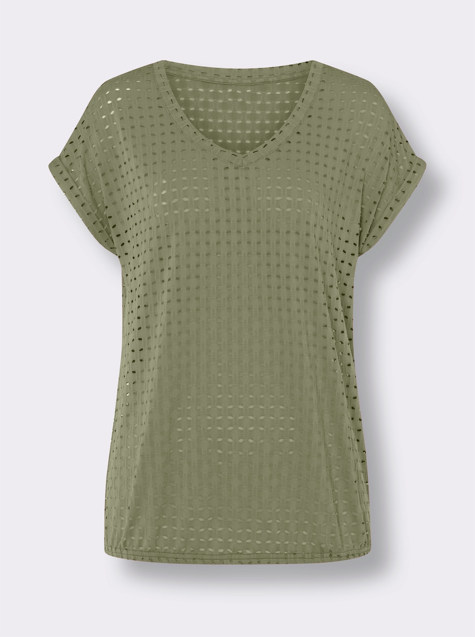 V-Shirt mit Lochmuster - khaki