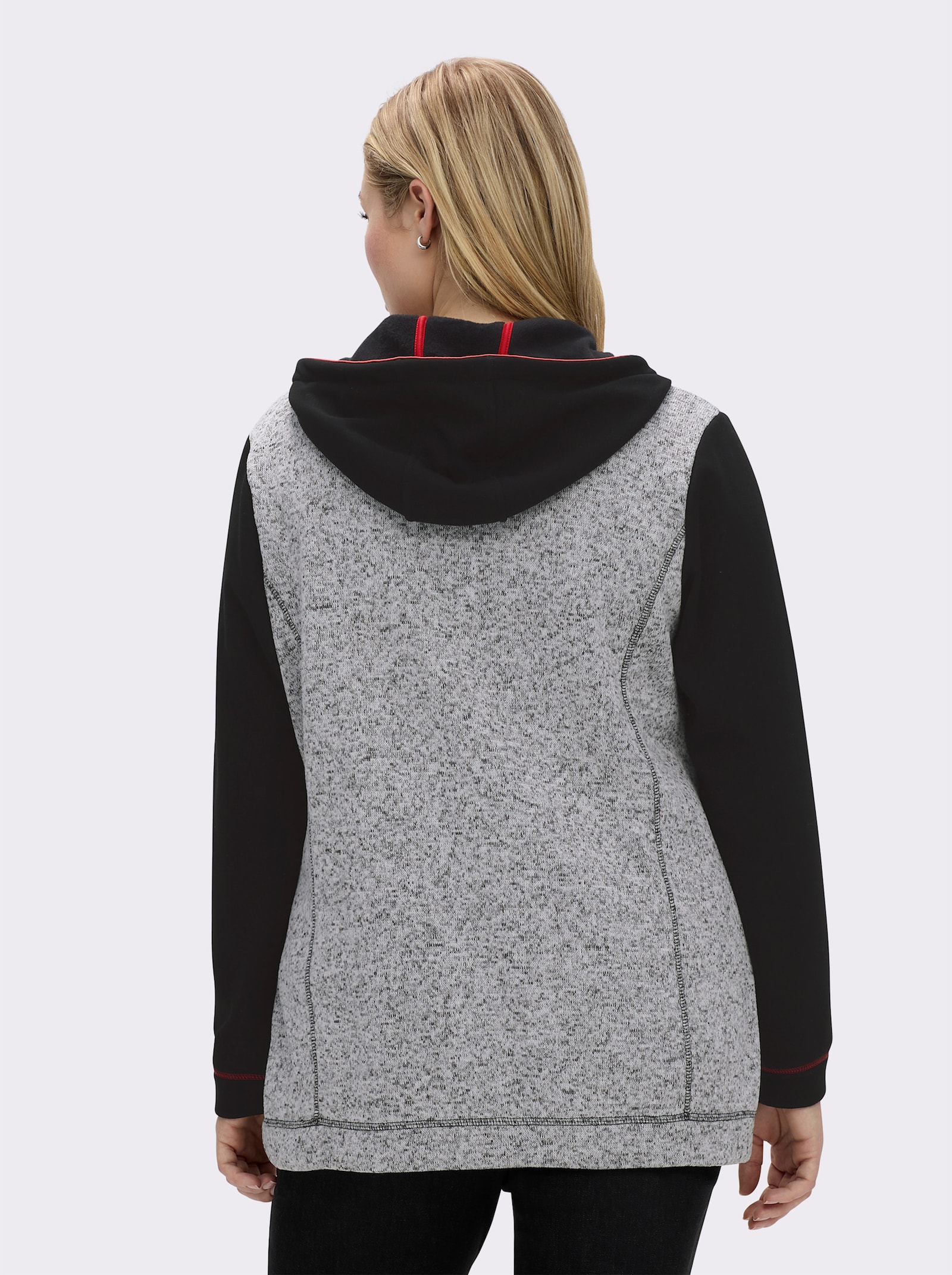 sheego Kapuzenfleecejacke mit Kontrastdetails - schwarz-ecru-meliert