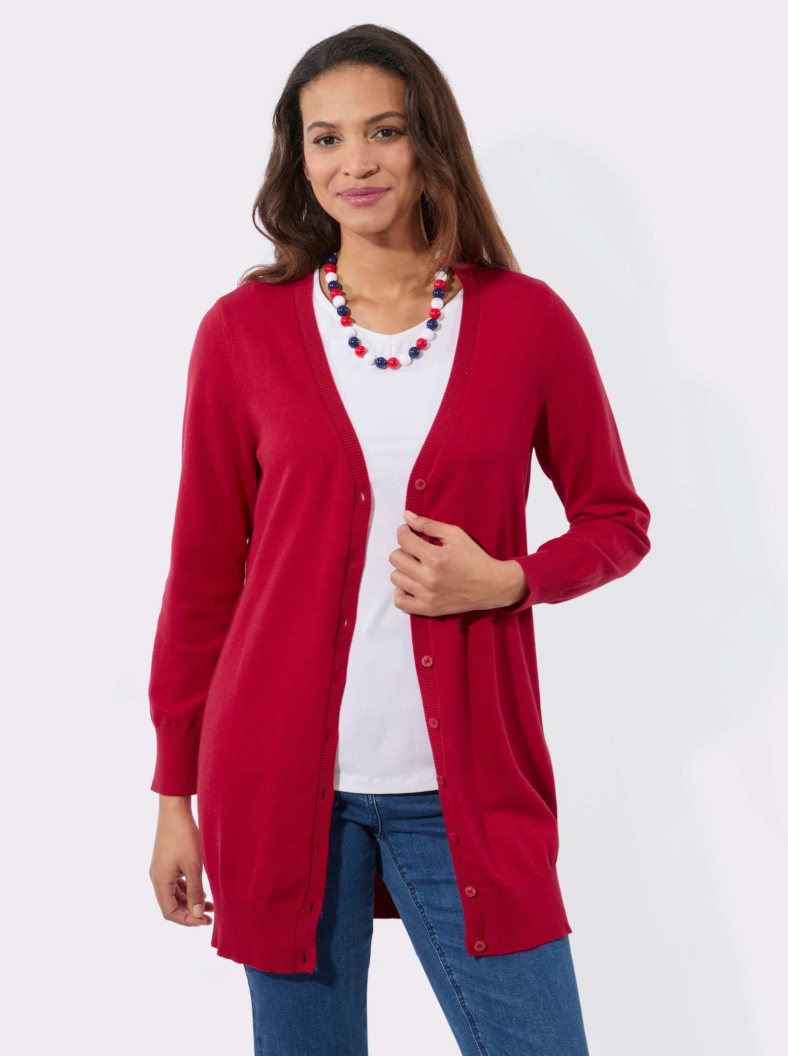 Longstrickjacke mit gerippten Bündchen - rot