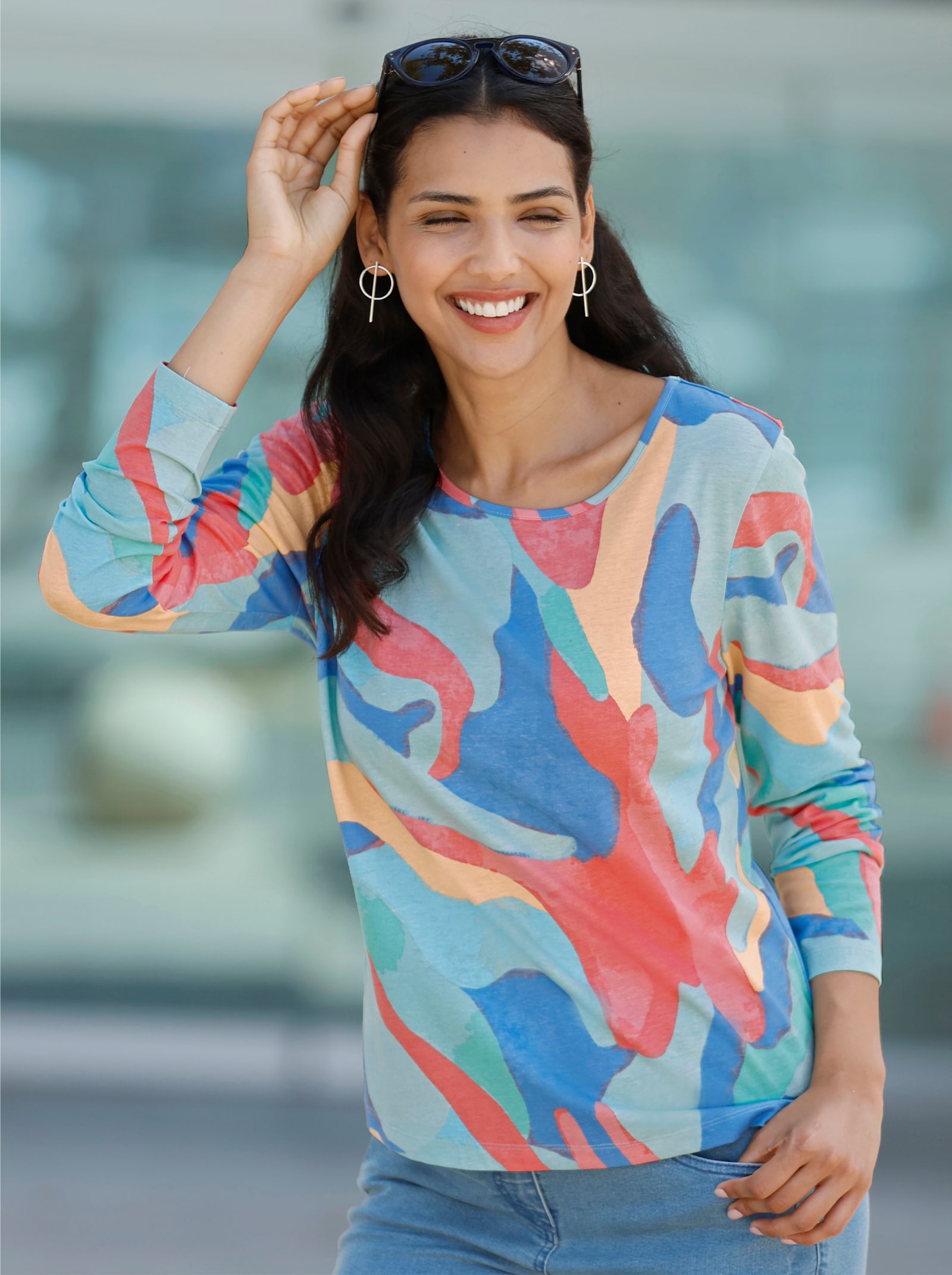 Shirt met lange mouwen in kleurrijk dessin - middenblauw/kalkmint bedrukt