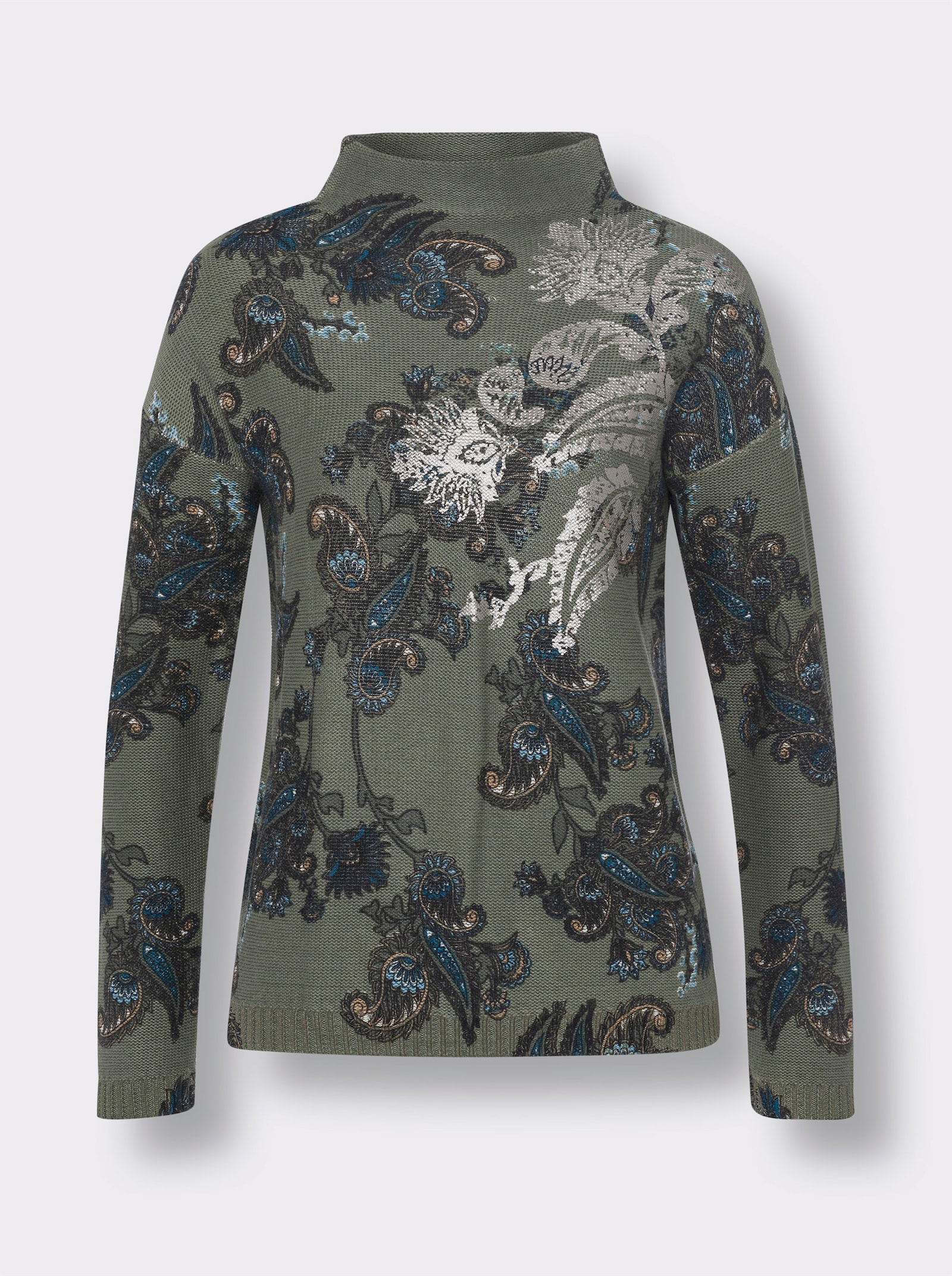heine Stehkragenpullover mit Foliendruck - khaki-aqua-bedruckt