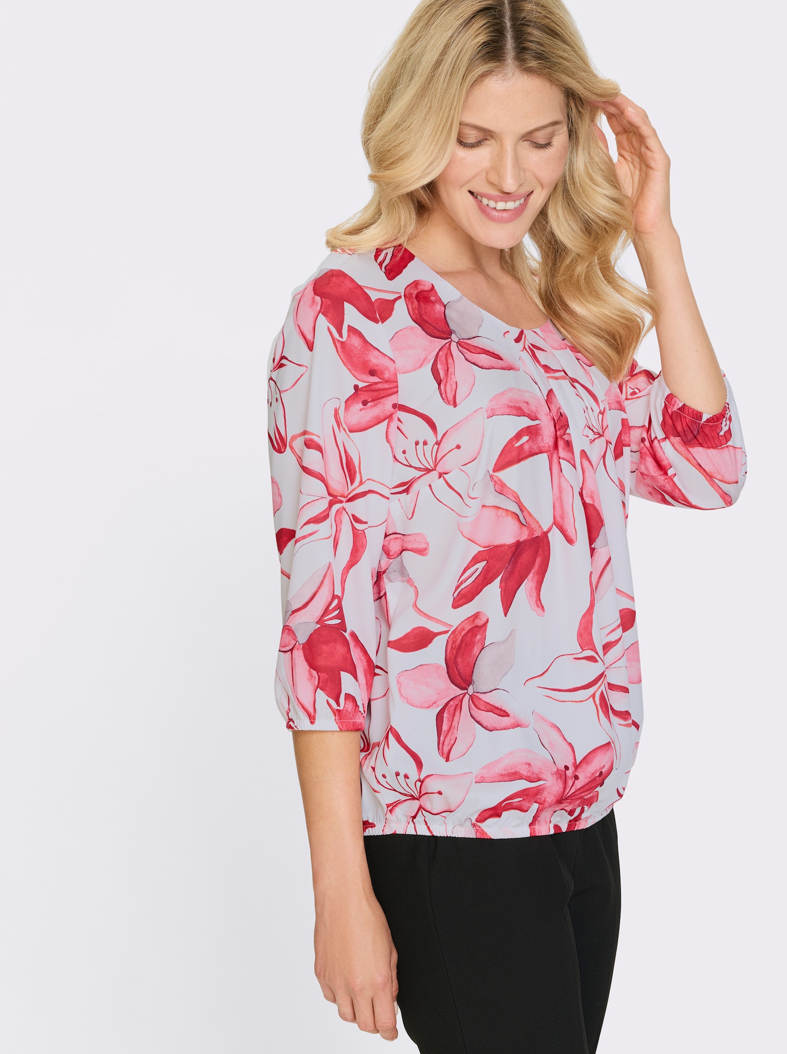 Schlupfbluse mit elastischen Abschlüssen - ecru-rot-bedruckt