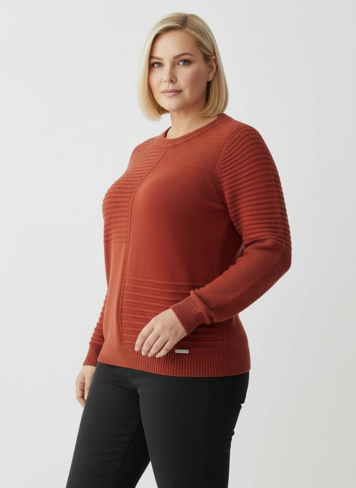 Rundhalspullover im Strickmuster-Mix - rostrot