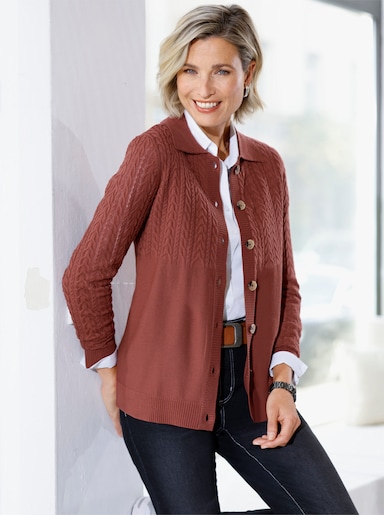 Strickjacke mit Zopfmuster - rotbraun