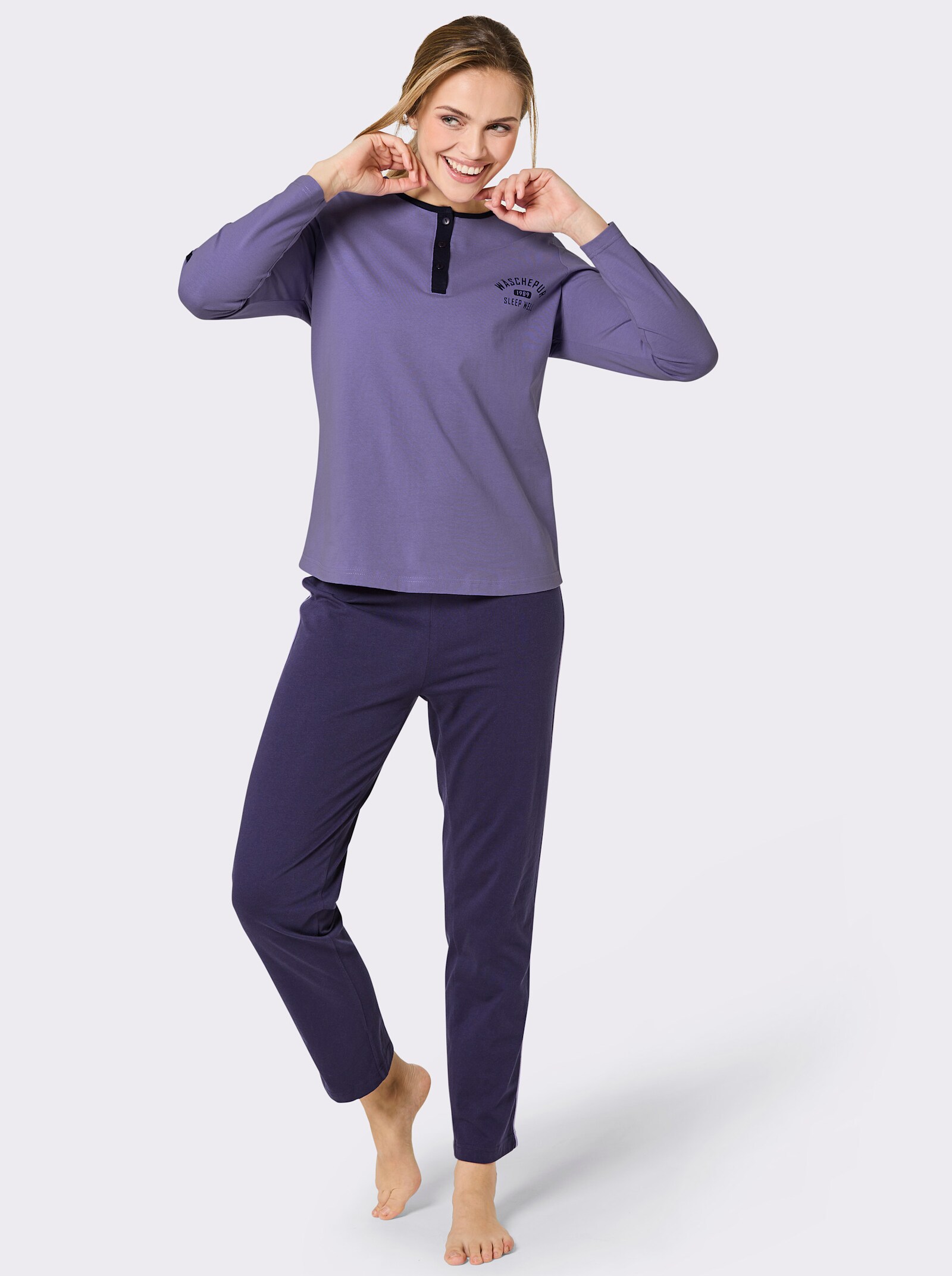 wäschepur Schlafanzug mit Kontrastpaspeln - marine-lavendel