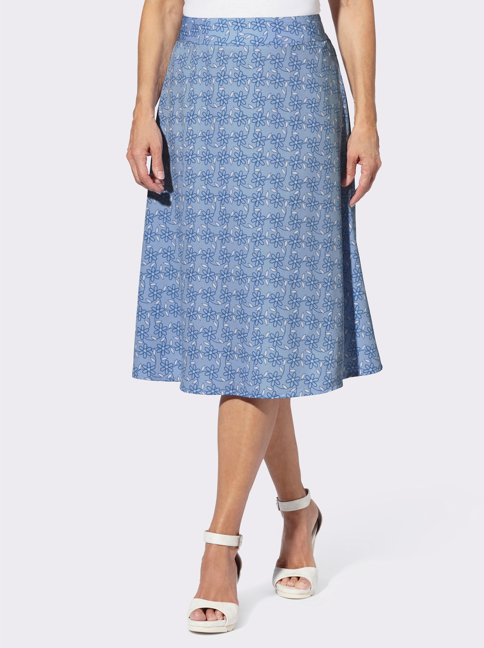 Schlupfrock in ausgestellter Form - mittelblau-ecru-bedruckt