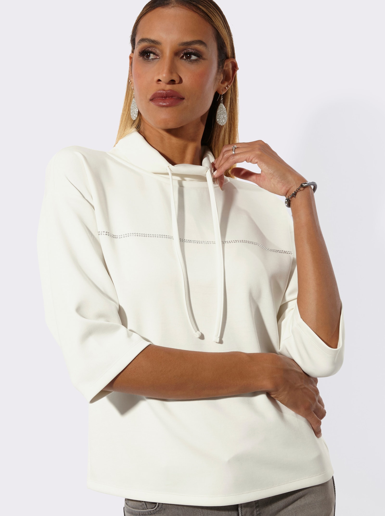 Sweatshirt mit Glitzersteinchen - ecru
