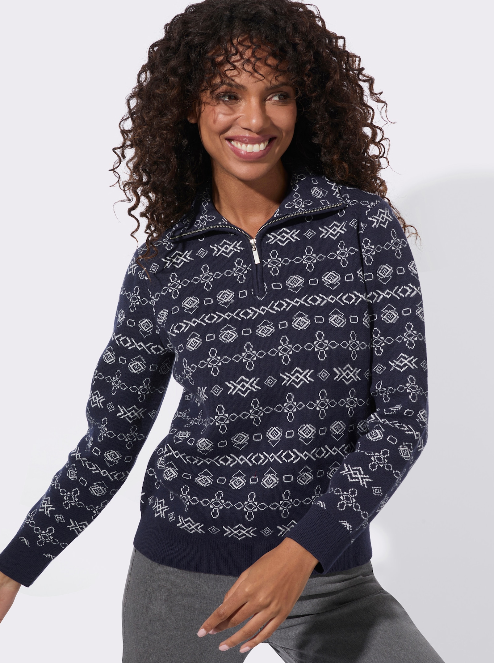 Jacquard-Pullover mit geripptem Saum - marine-ecru-gemustert
