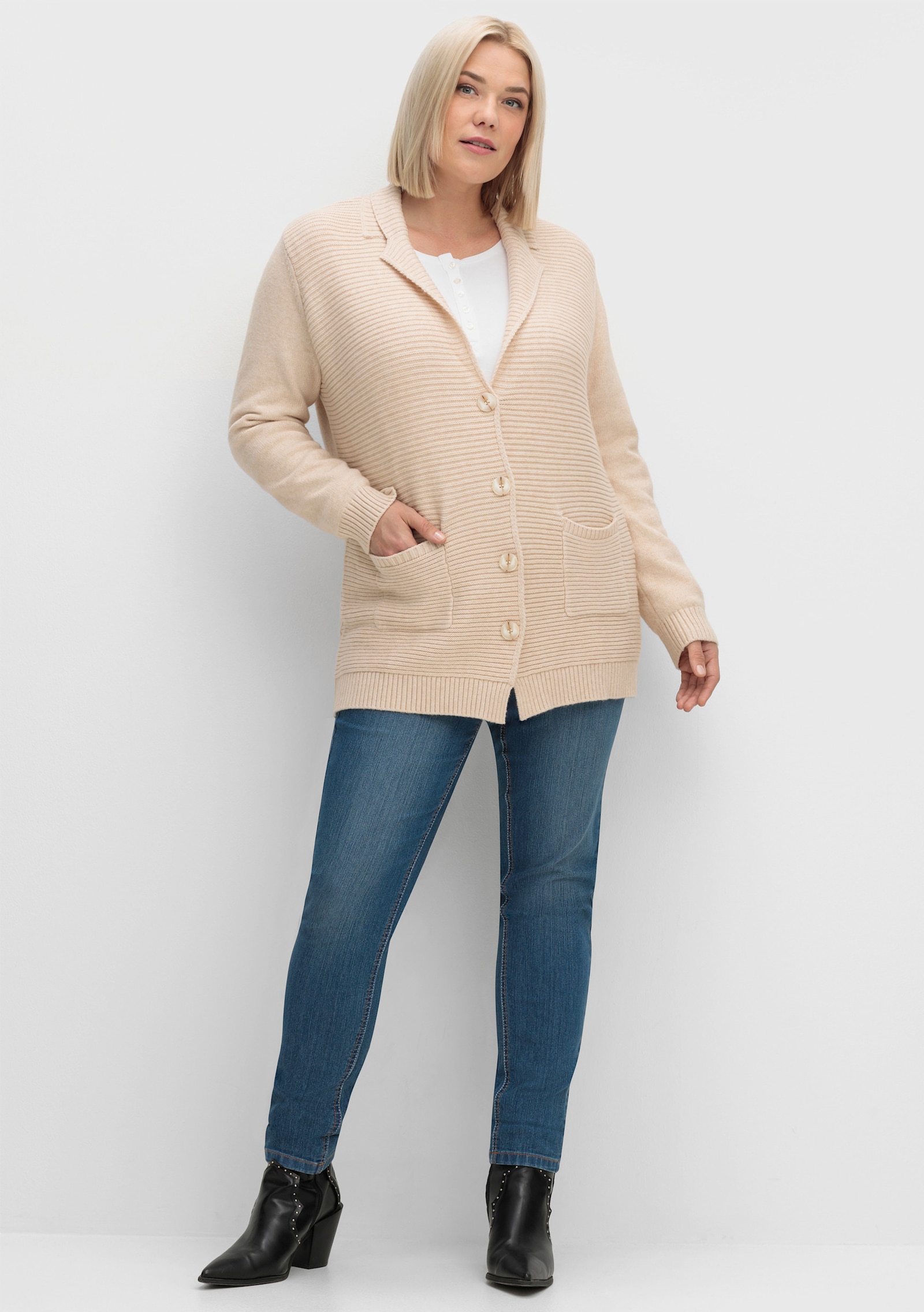 Strickjacke mit Ripp-Muster vorne - elfenbein-meliert