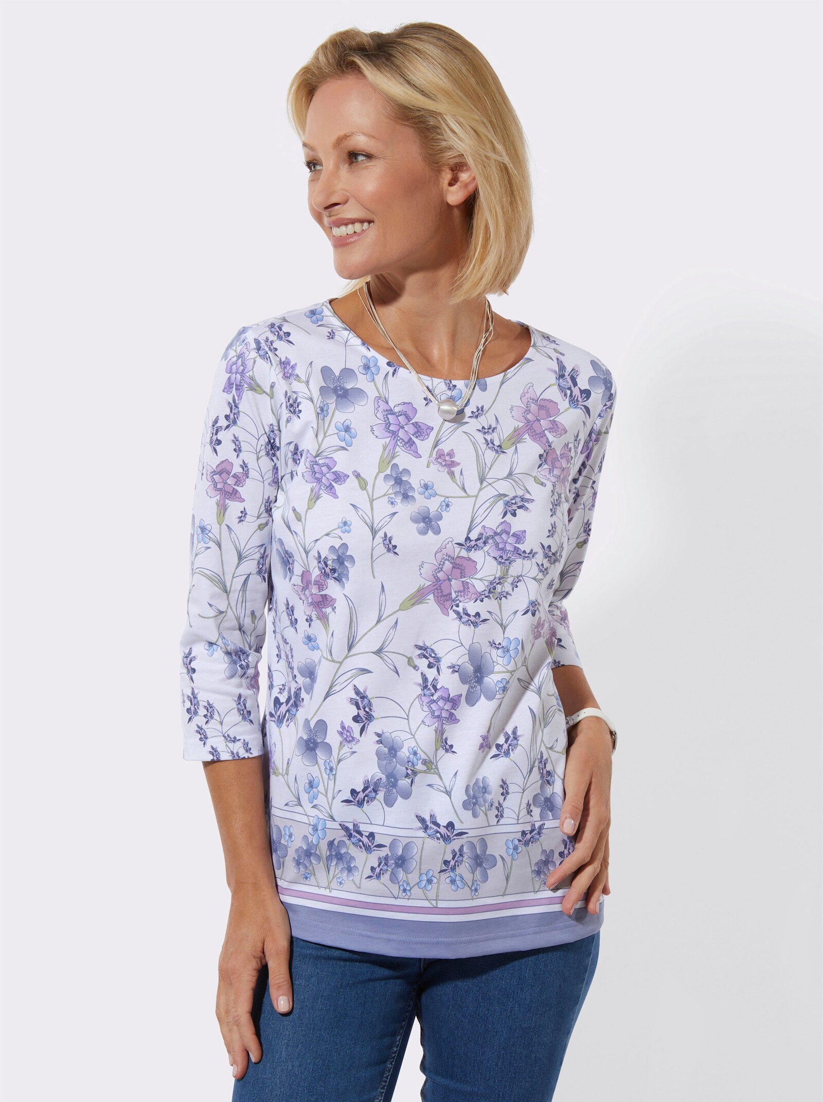 Rundhalsshirt in Baumwoll-Qualität - orchidee-lindgrün-bedruckt